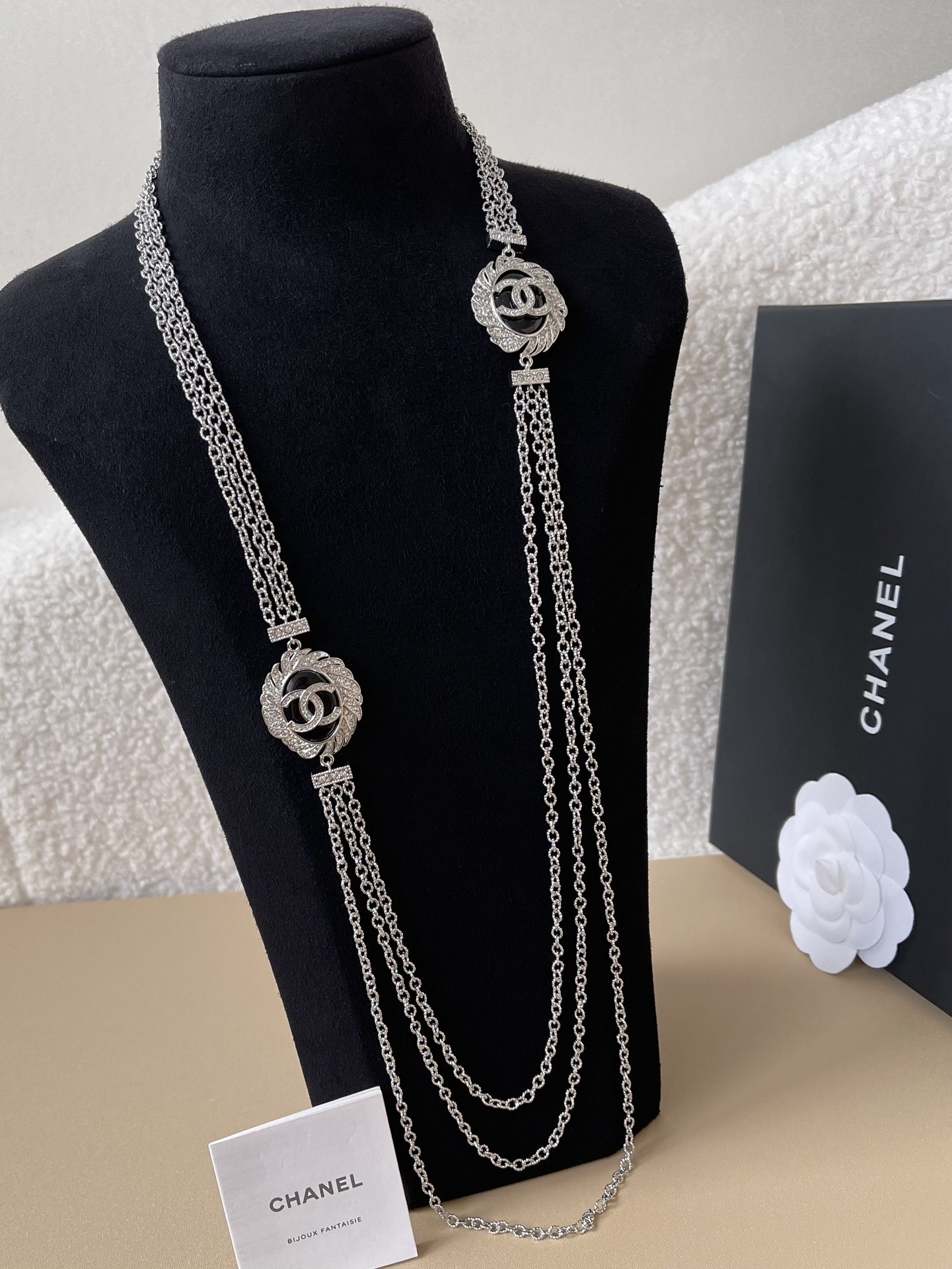 Luxury CC Logo Multi-Layer Long Necklace with Crystals - Silver