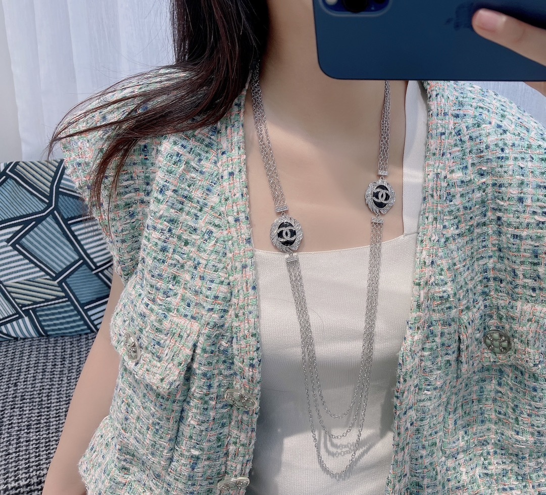 Luxury CC Logo Multi-Layer Long Necklace with Crystals - Silver