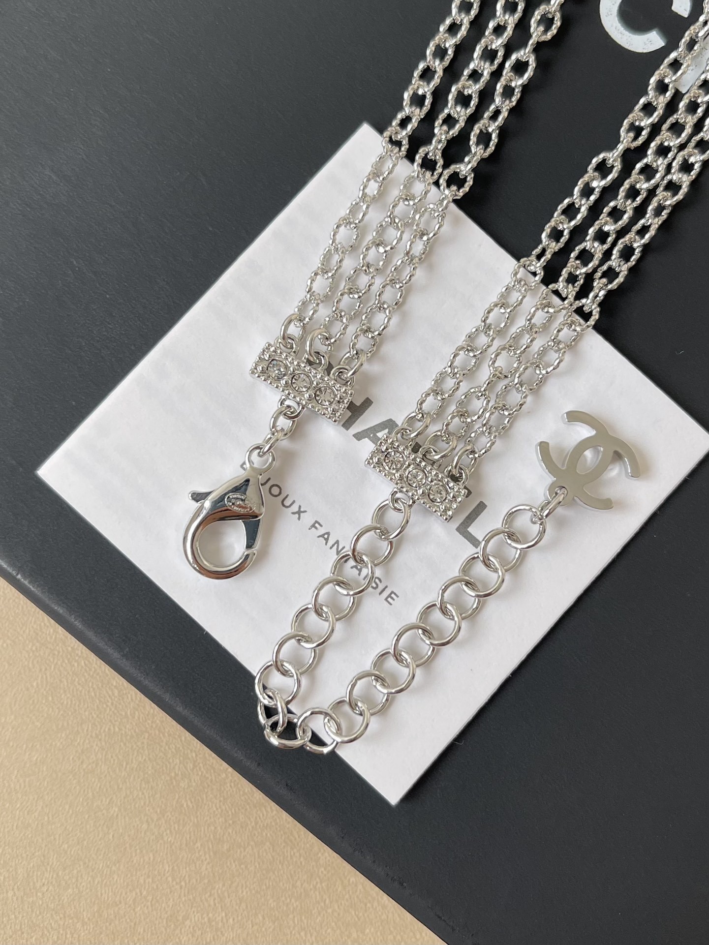 Elegant Crystal Double C Medallion Choker - Silver Triple Chain