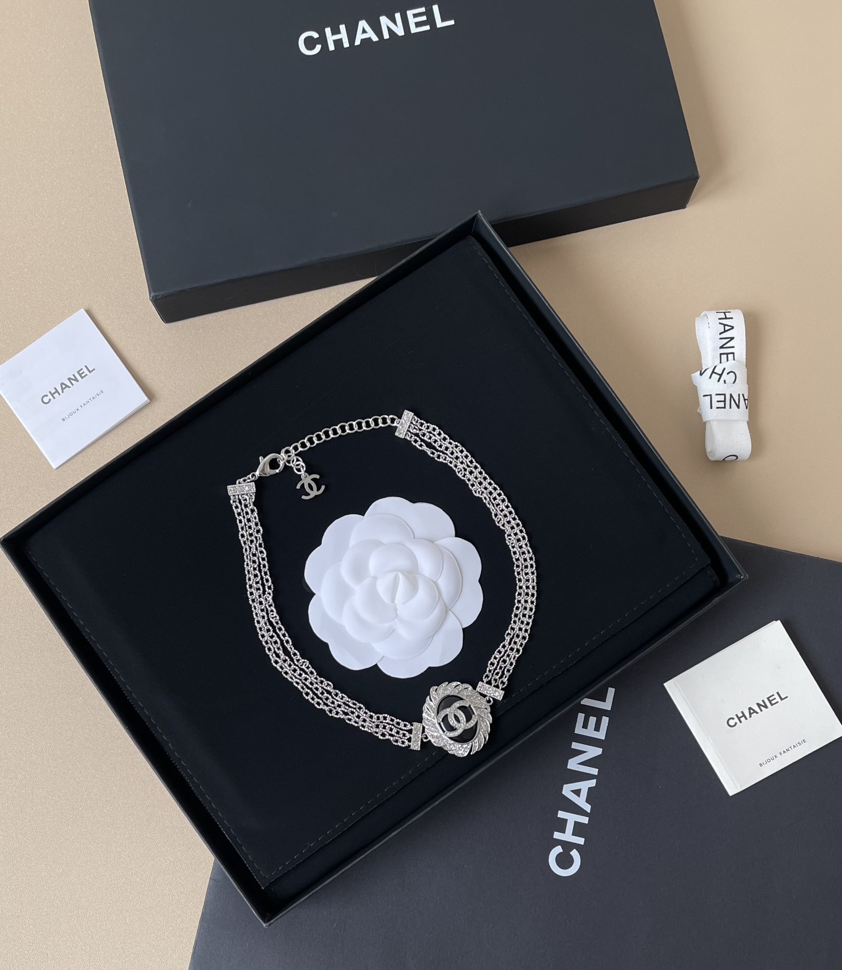 Elegant Crystal Double C Medallion Choker - Silver Triple Chain