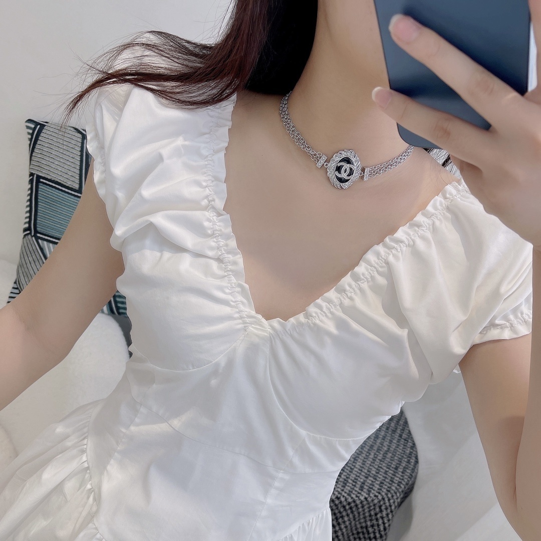 Elegant Crystal Double C Medallion Choker – Silver Triple Chain