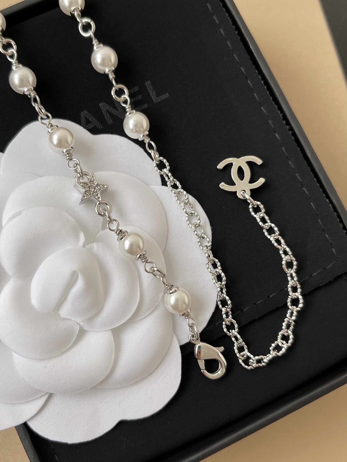 Luxury Birdcage Pearl Necklace with Crystal Stars and CC Pendant