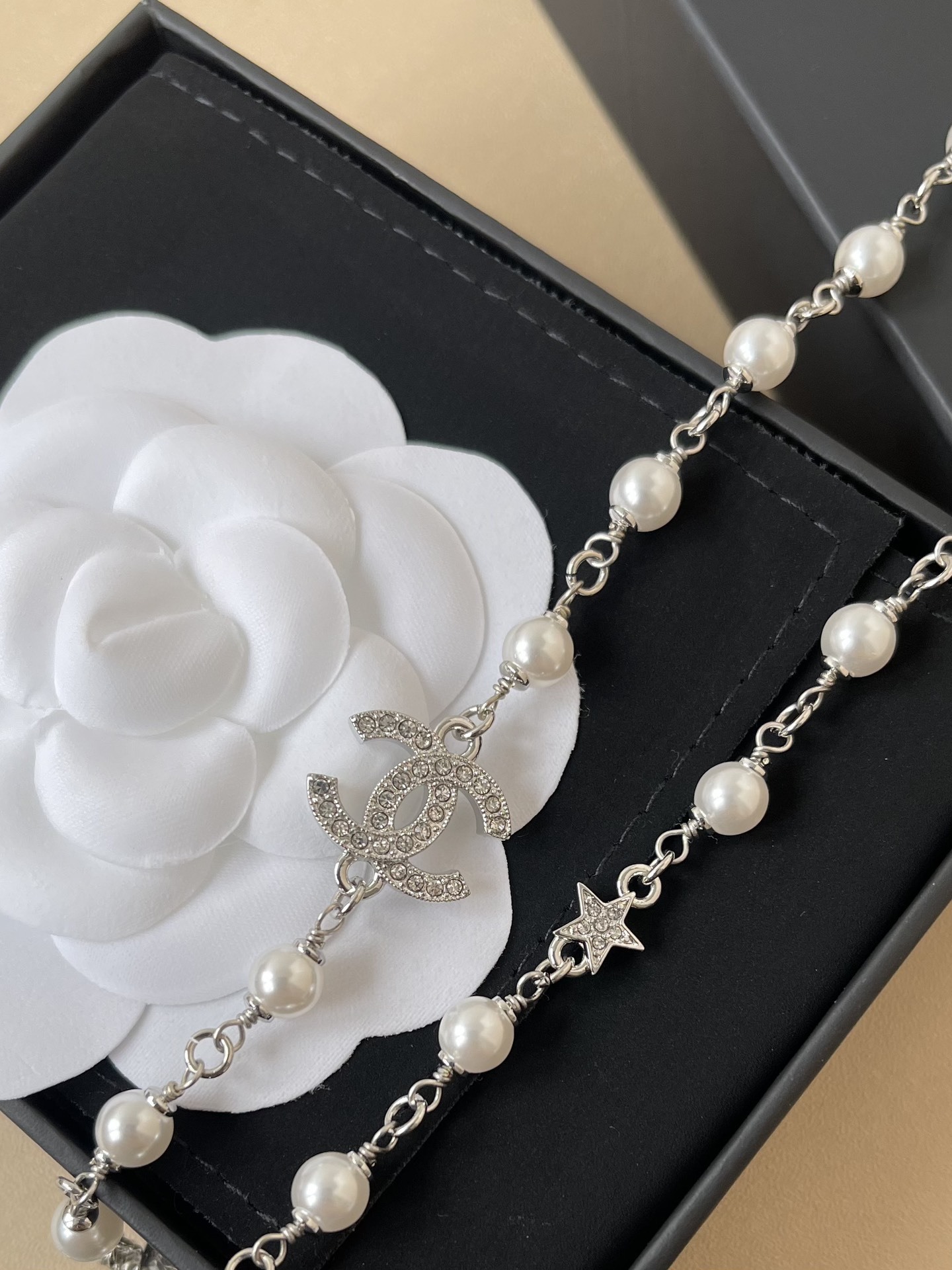 Luxury Birdcage Pearl Necklace with Crystal Stars and CC Pendant