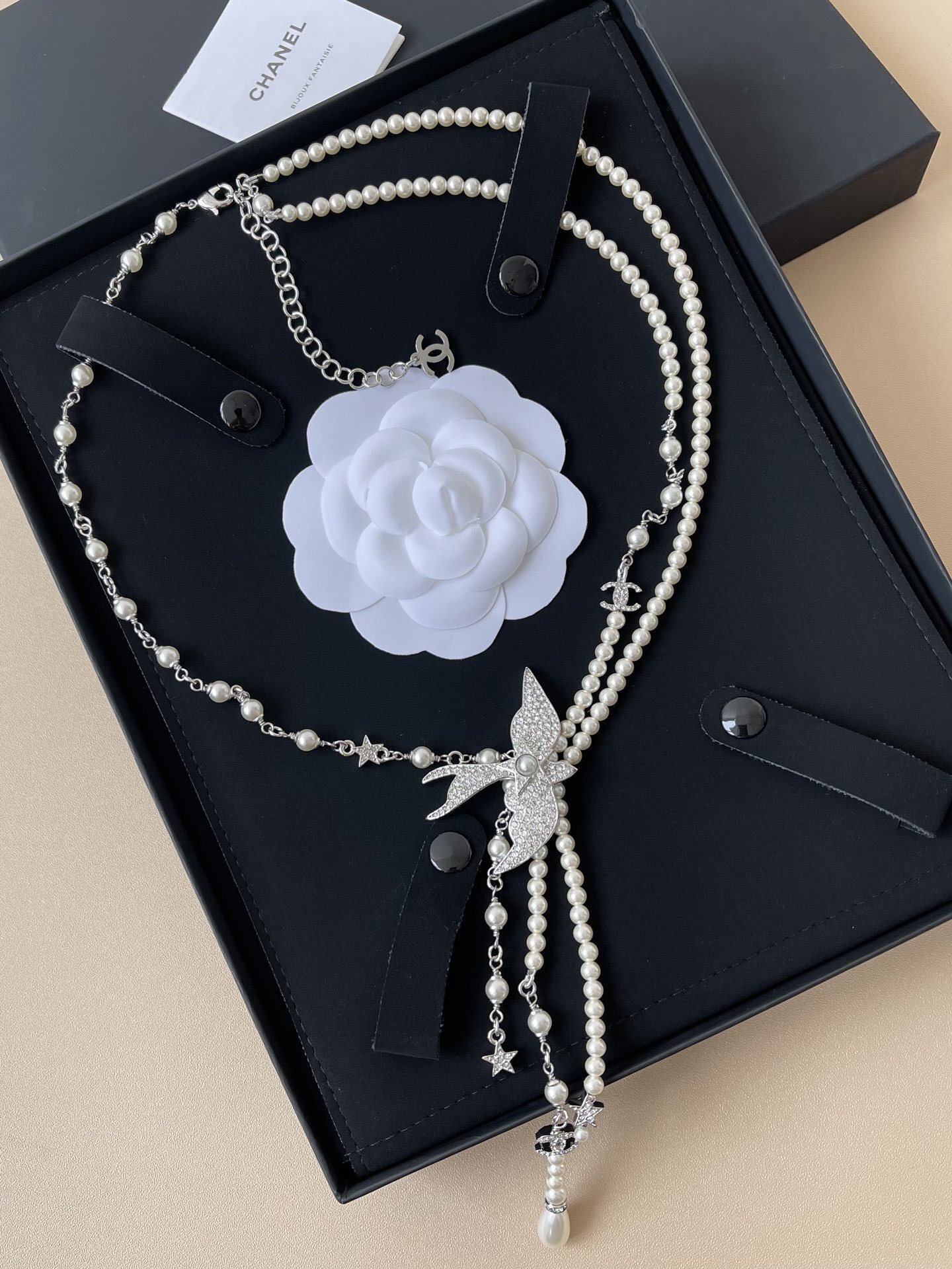 Luxury Pearl Necklace with Crystal Bow and Star Charms