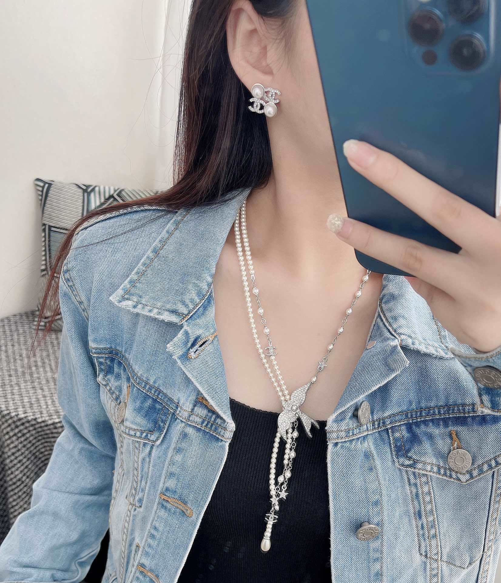 Luxury Pearl Necklace with Crystal Bow and Star Charms