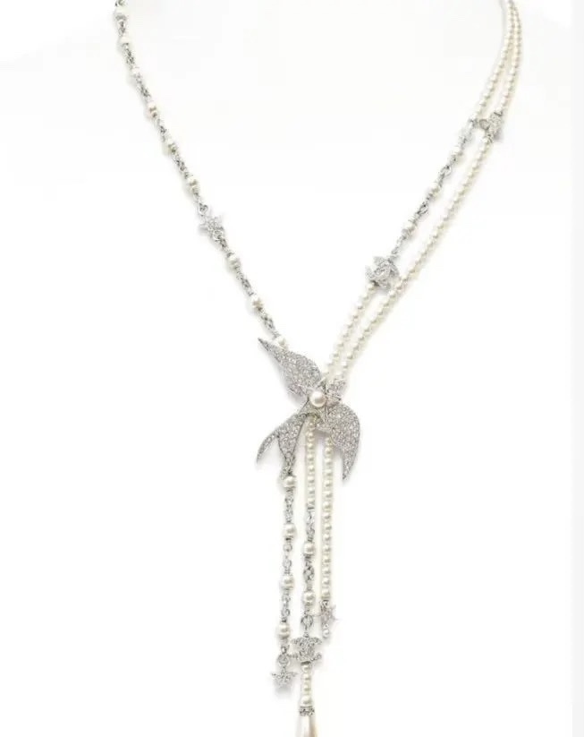 Luxury Pearl Necklace with Crystal Bow and Star Charms