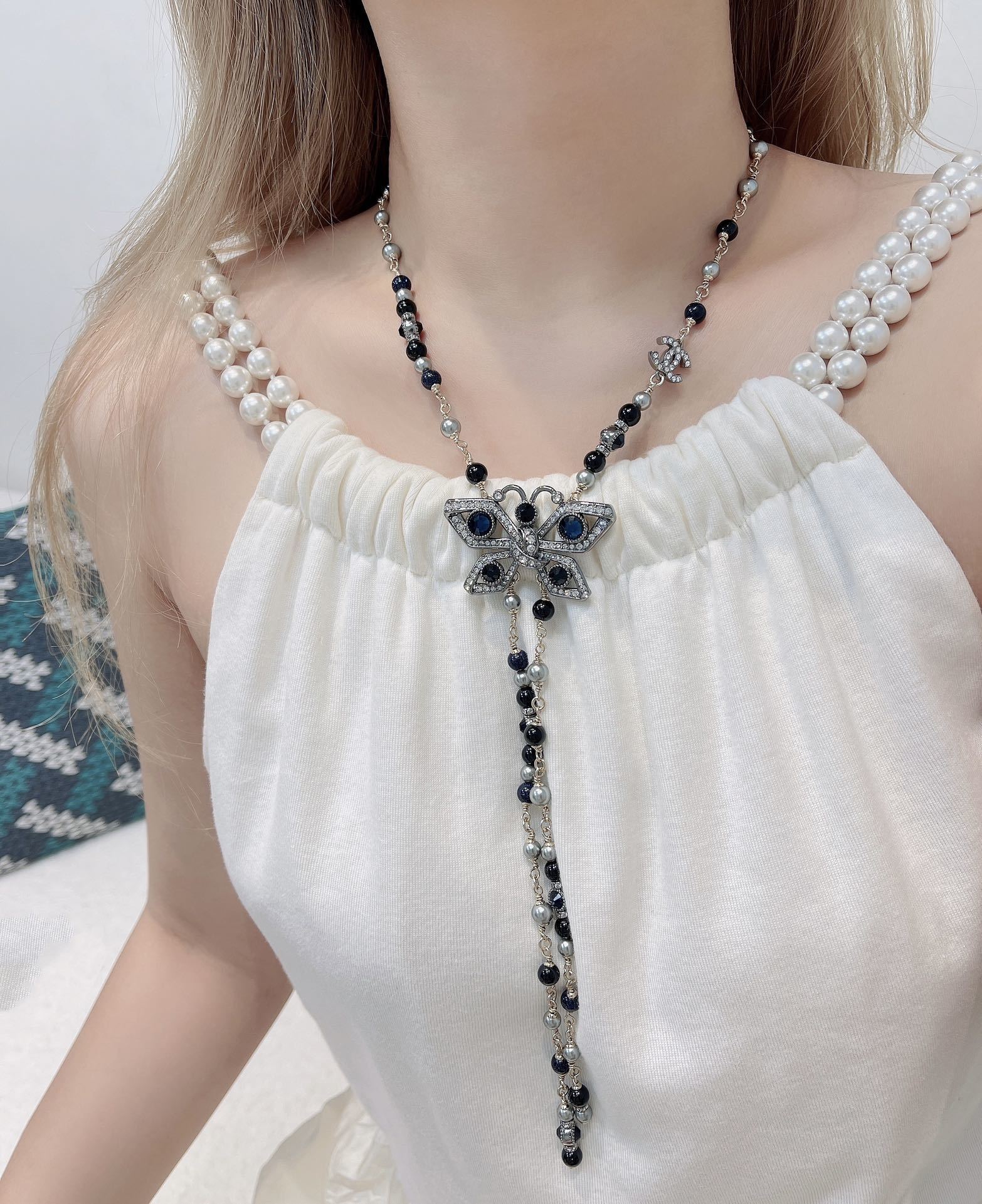 Chanel 2024/25 Butterfly Pearl & Rhinestone Long Necklace