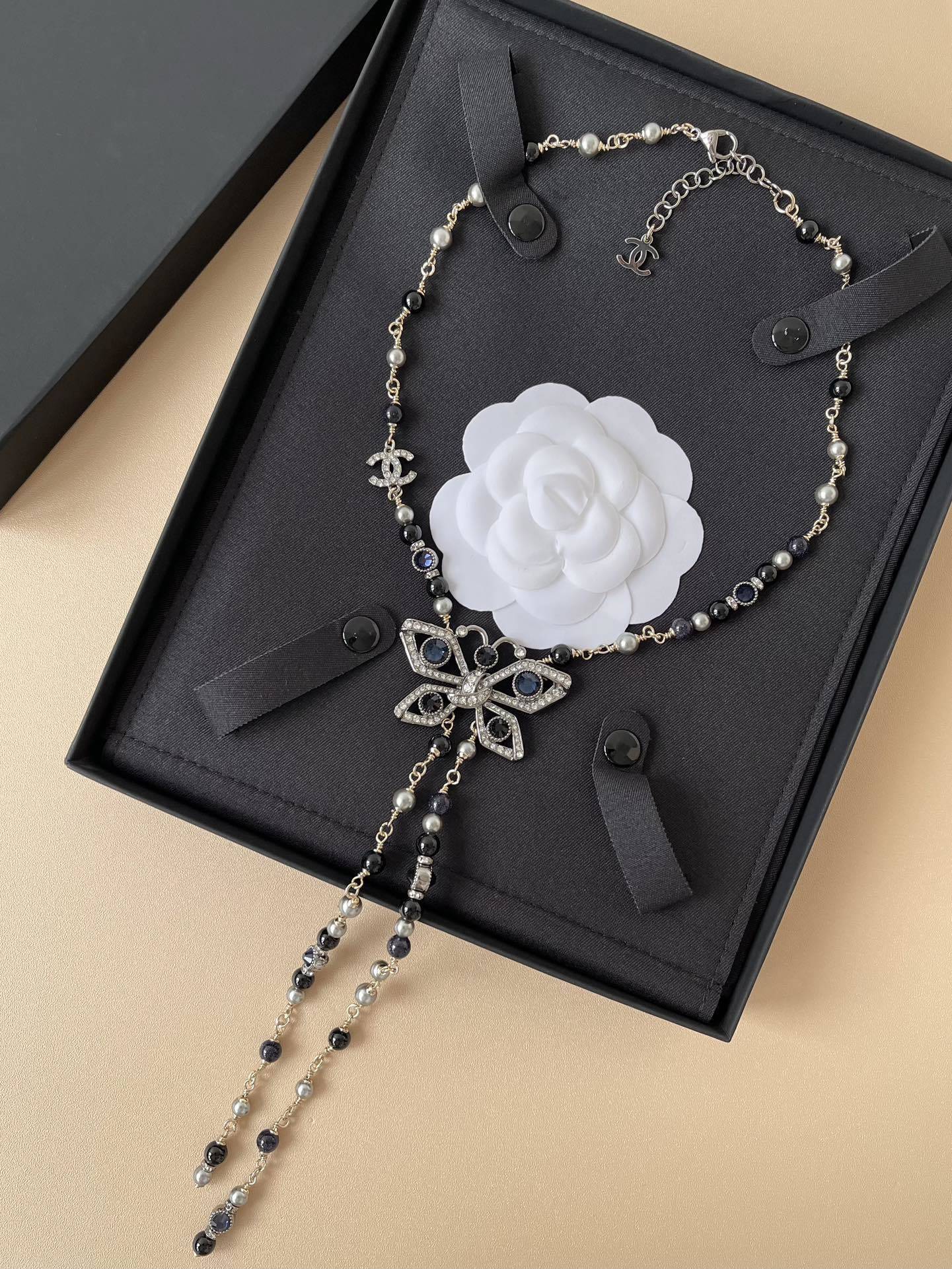 Chanel 2024/25 Butterfly Pearl & Rhinestone Long Necklace