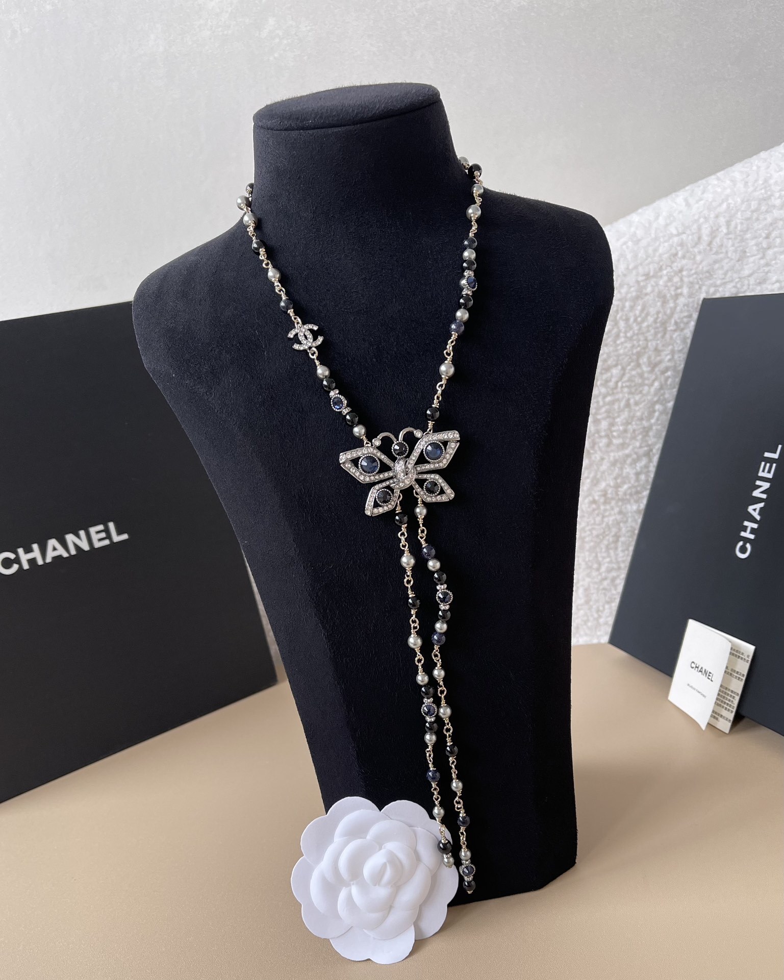 Chanel 2024/25 Butterfly Pearl & Rhinestone Long Necklace