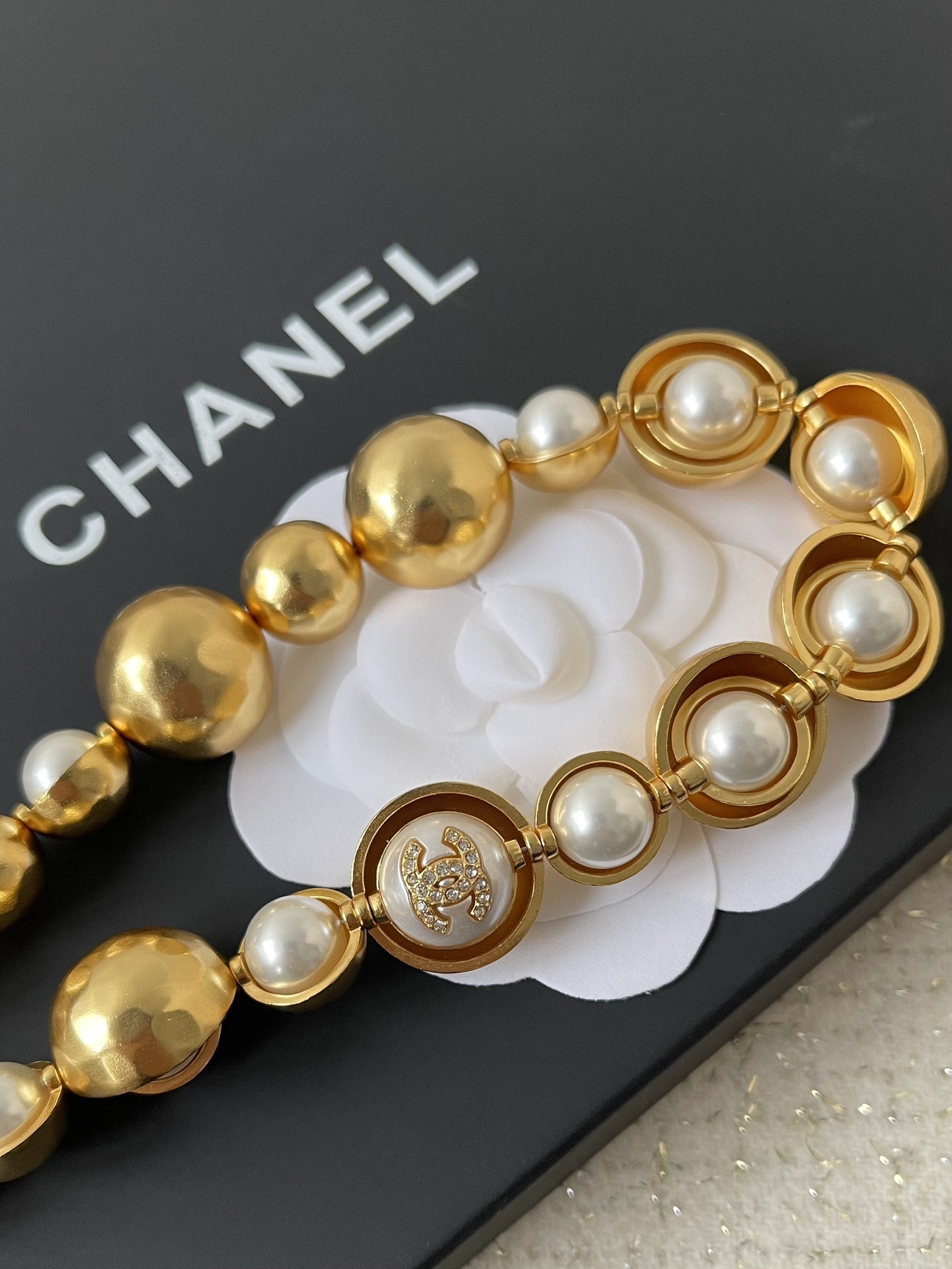 Chanel 2024/25 Gold Tone Metal & Faux Pearl Choker Necklace