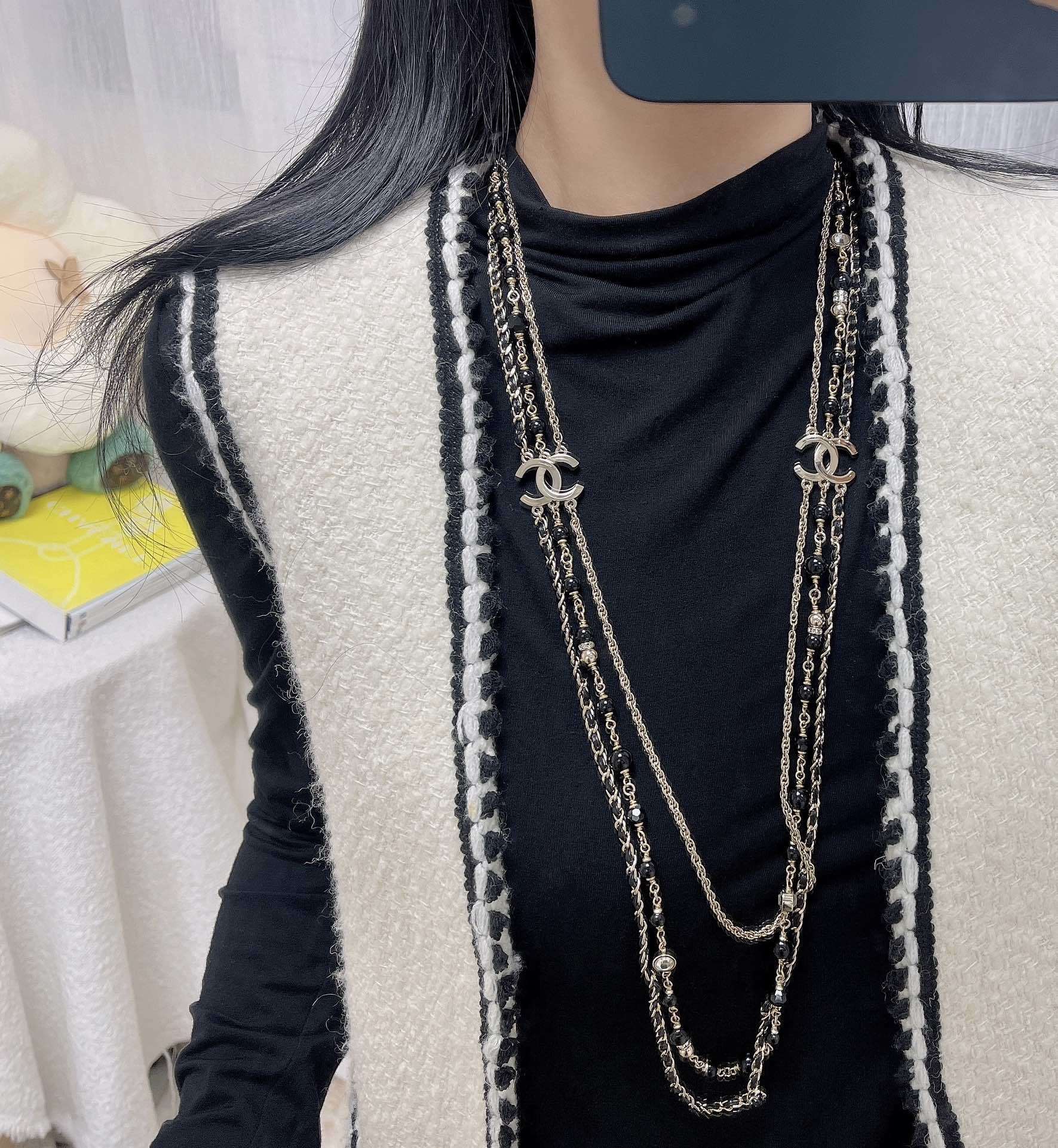 Luxury CC Logo Multi-Layer Long Necklace & Stud Earrings Set