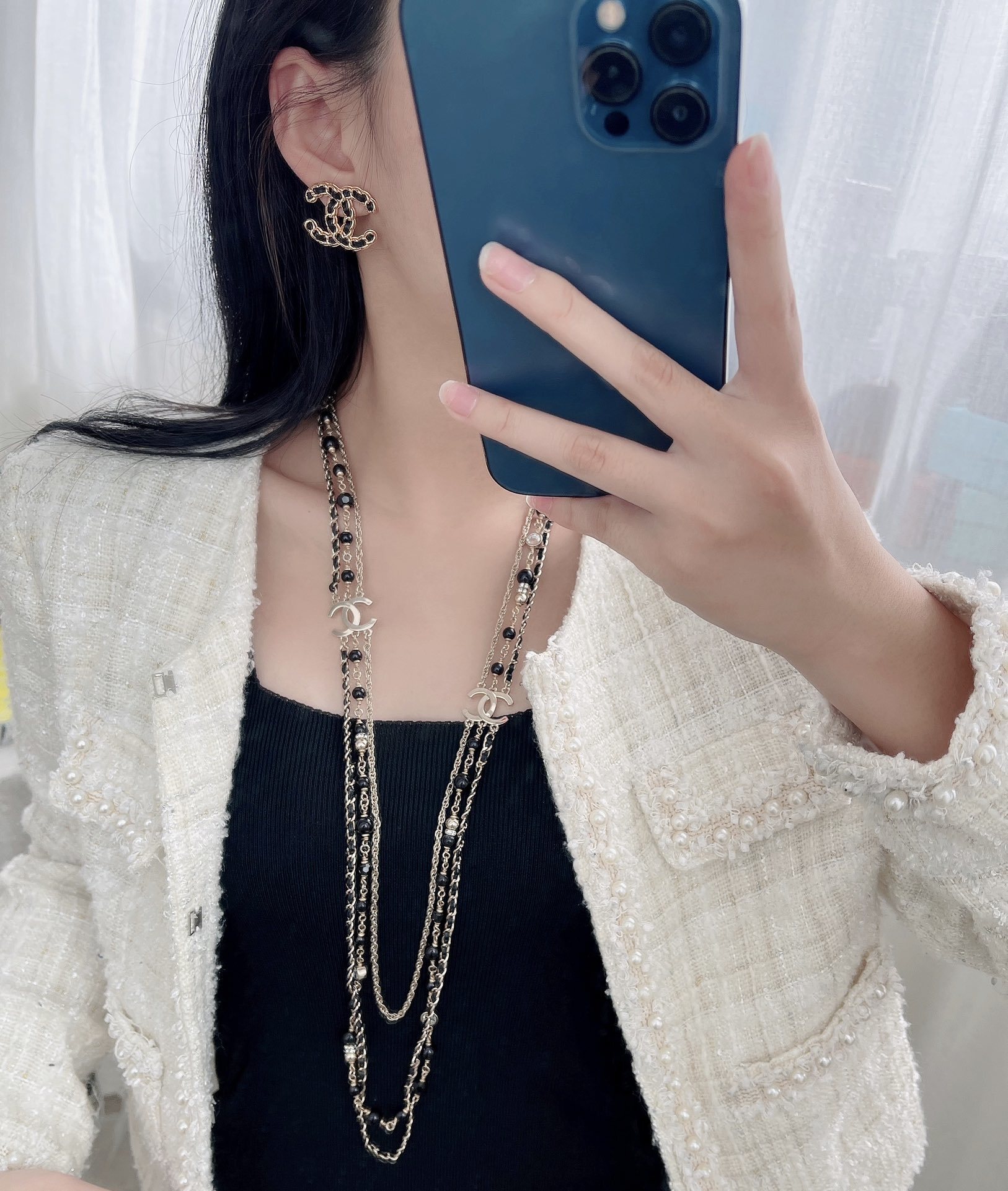 Luxury CC Logo Multi-Layer Long Necklace & Stud Earrings Set