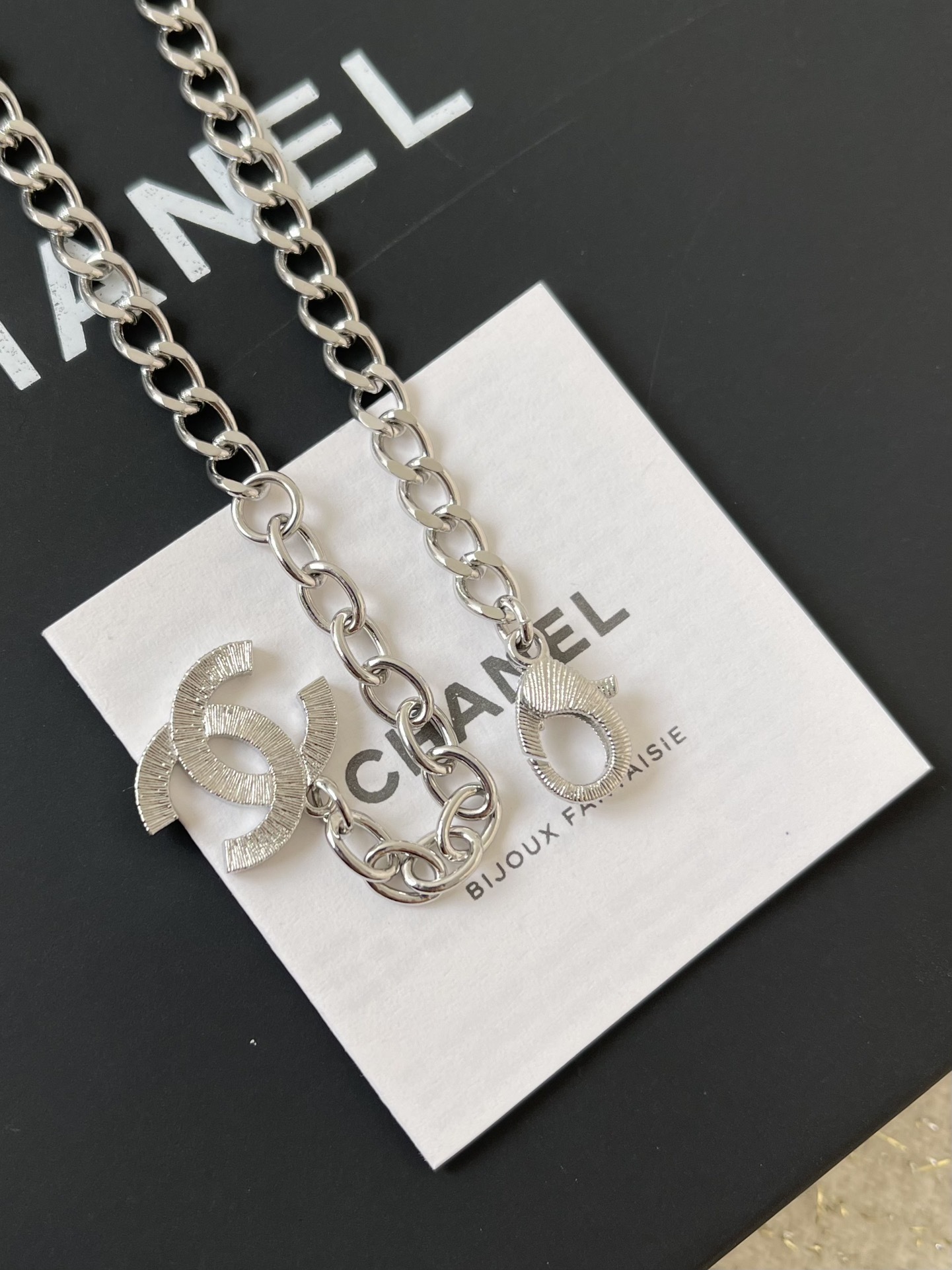 Luxury CC Logo Long Pearl Necklace with Crystals and Bows - Silver