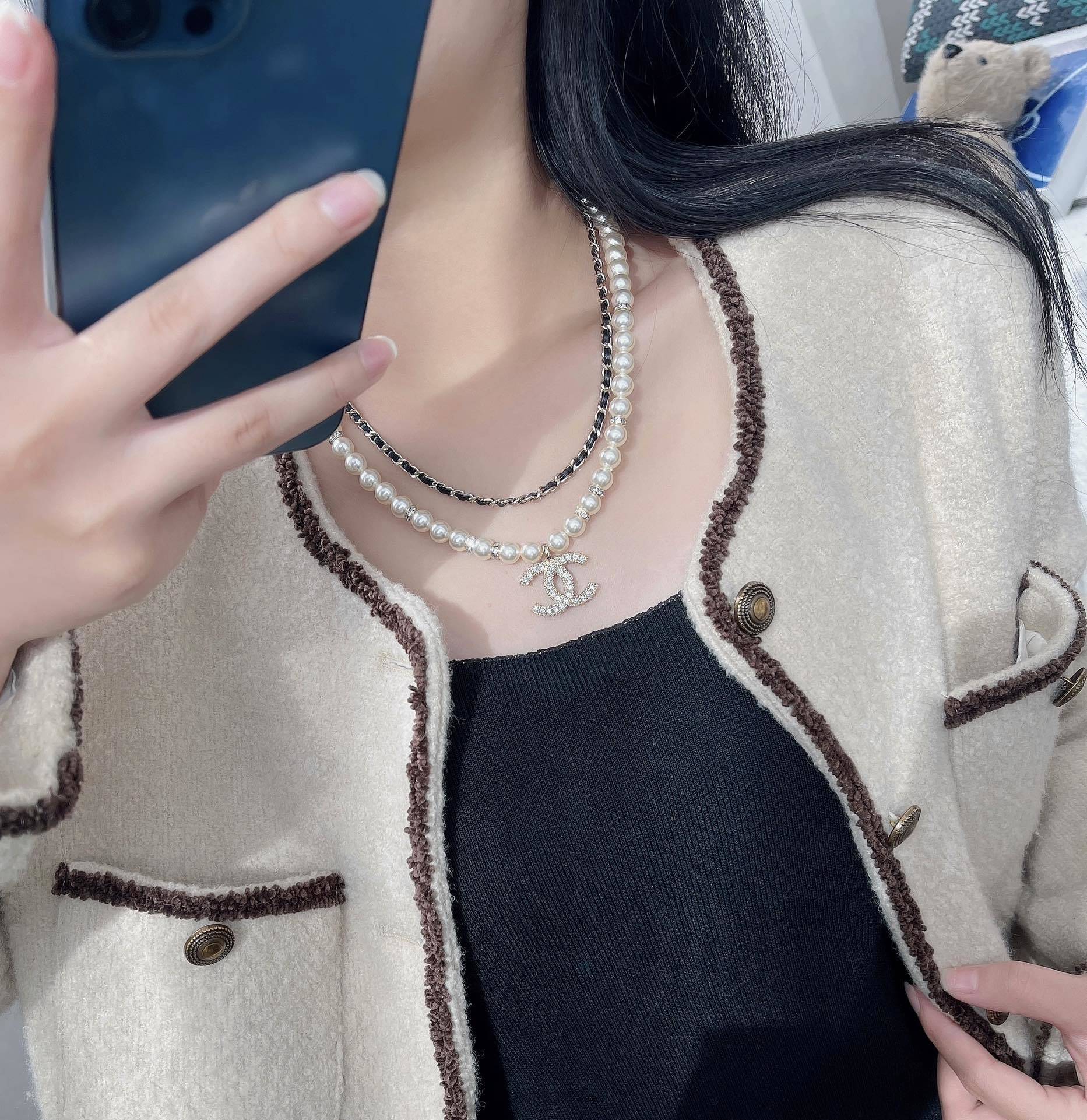 Elegant Layered Pearl Necklace with Crystal Logo Pendant & Gold Chain