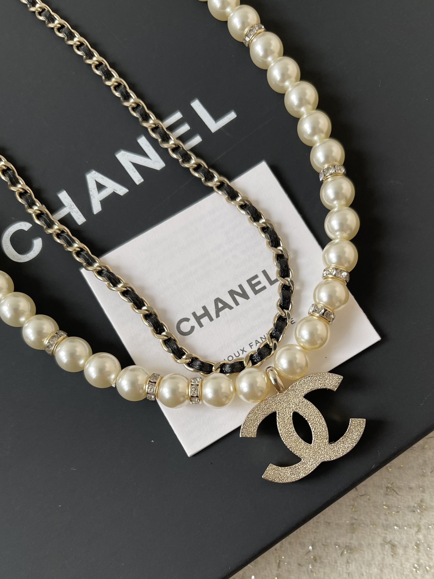 Elegant Layered Pearl Necklace with Crystal Logo Pendant & Gold Chain