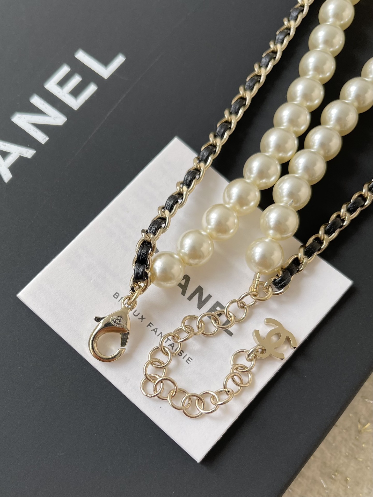 Elegant Layered Pearl Necklace with Crystal Logo Pendant & Gold Chain
