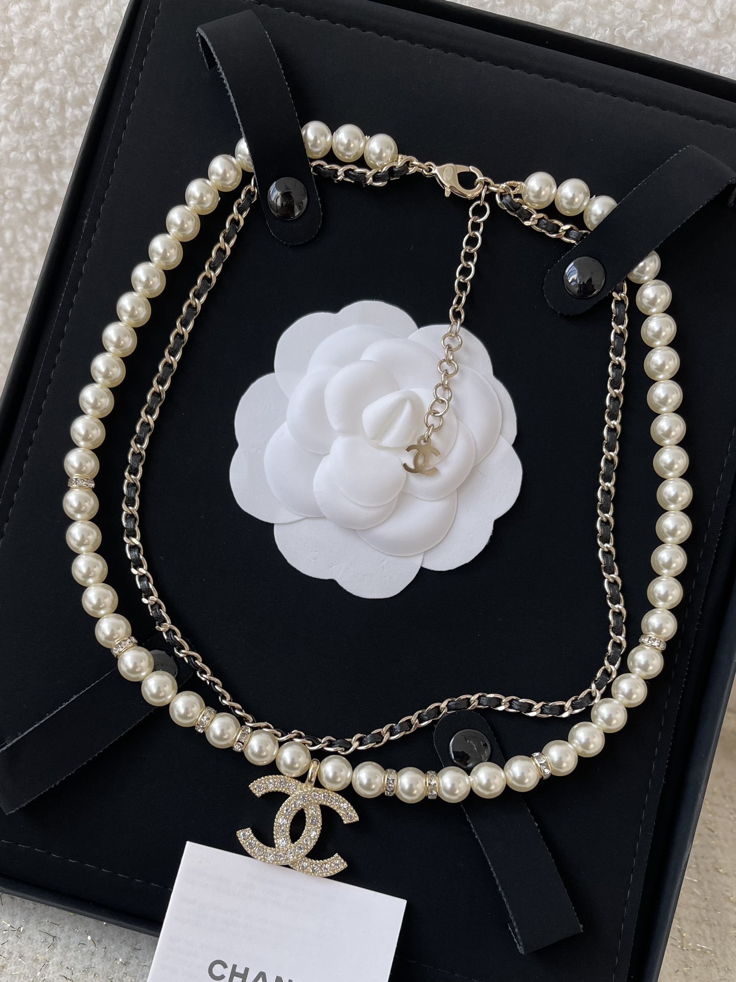 Elegant Layered Pearl Necklace with Crystal Logo Pendant & Gold Chain