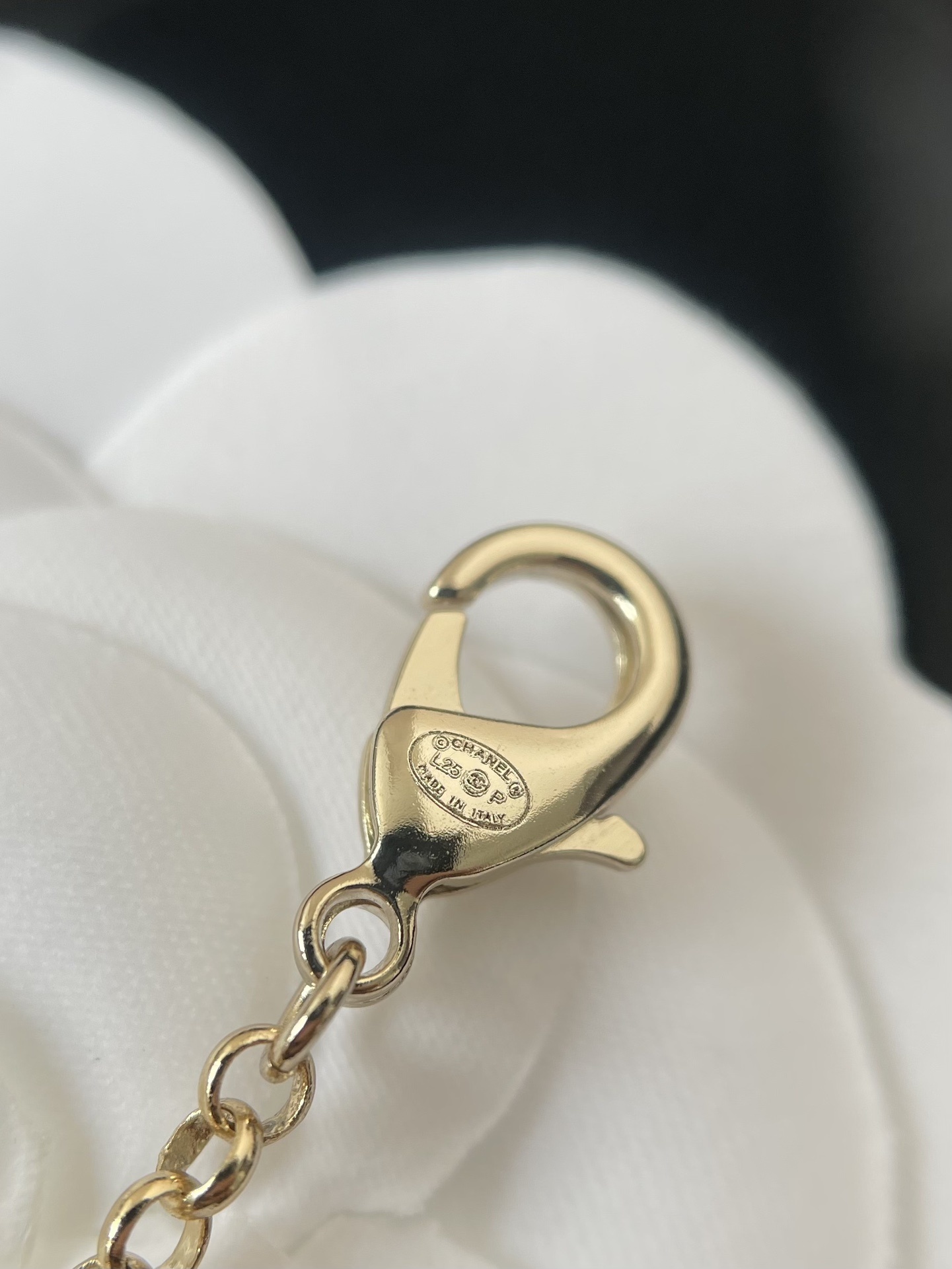 Elegant Pearl Camellia Necklace with Crystal CC Logo & Clover Charms