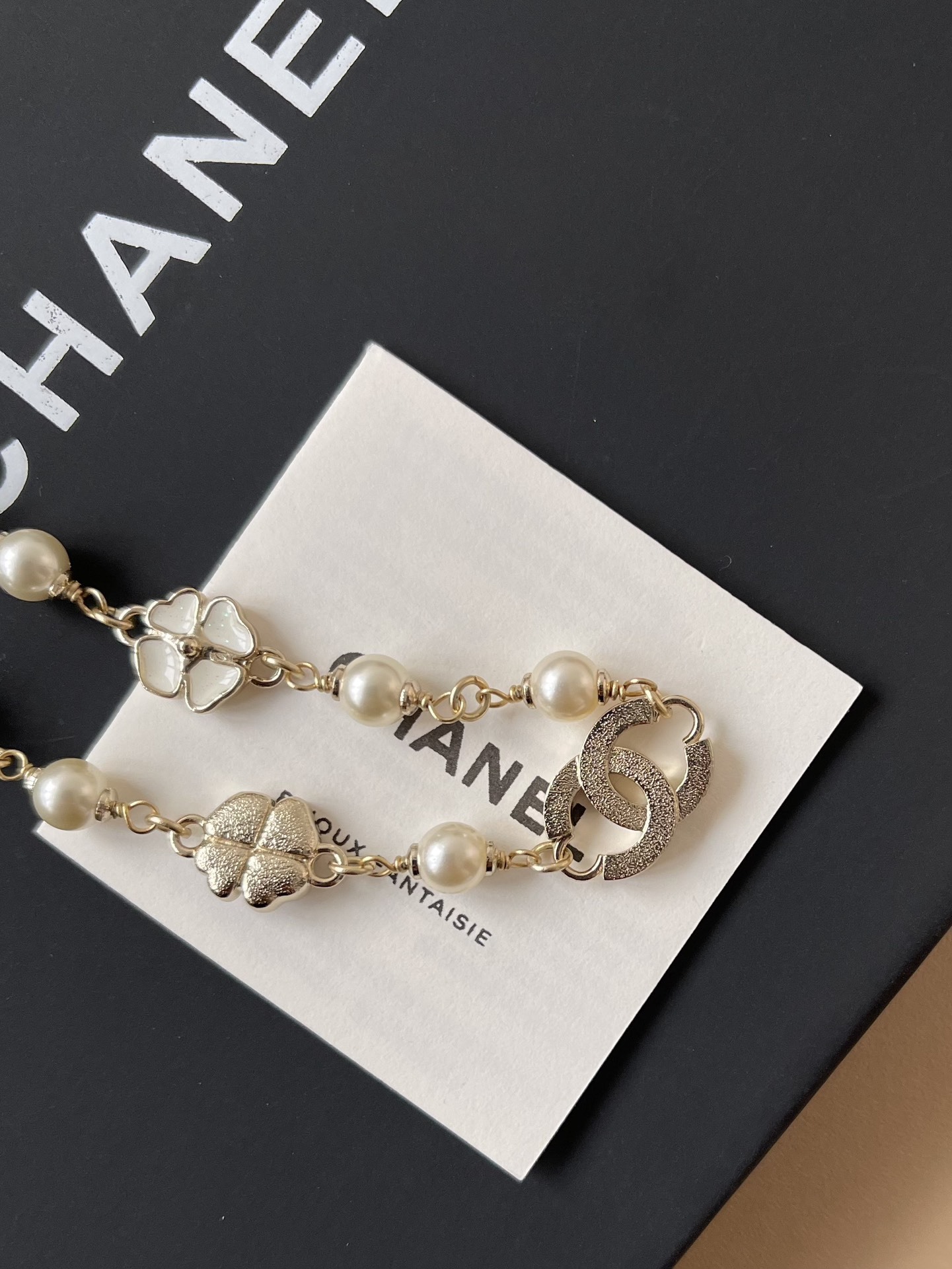 Elegant Pearl Camellia Necklace with Crystal CC Logo & Clover Charms