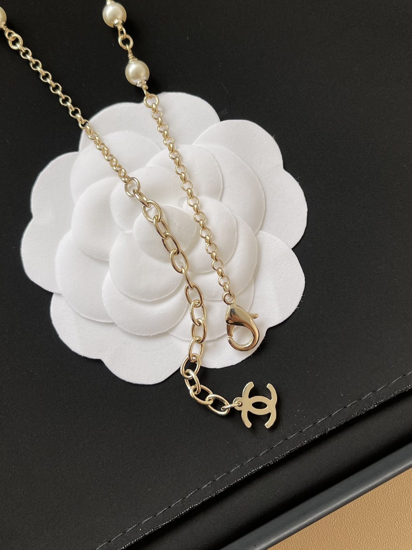 Elegant Pearl Camellia Necklace with Crystal CC Logo & Clover Charms