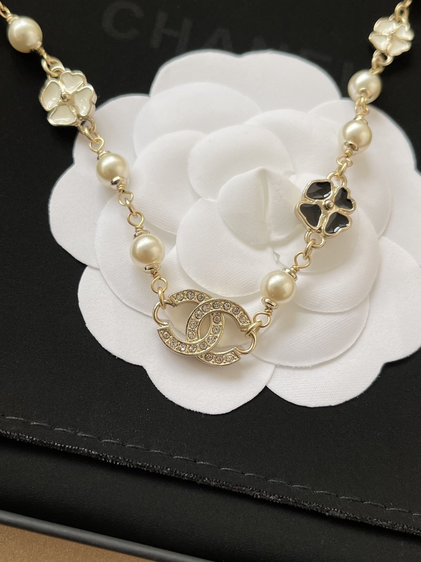 Elegant Pearl Camellia Necklace with Crystal CC Logo & Clover Charms