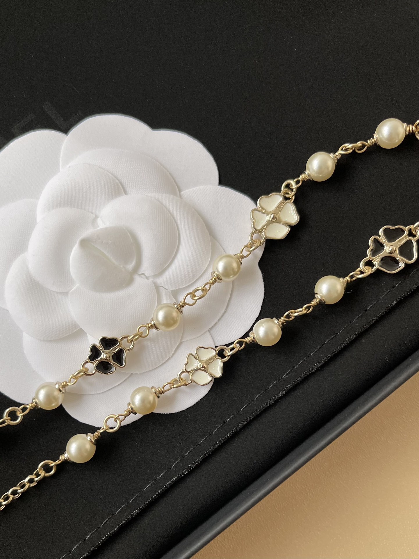 Elegant Pearl Camellia Necklace with Crystal CC Logo & Clover Charms