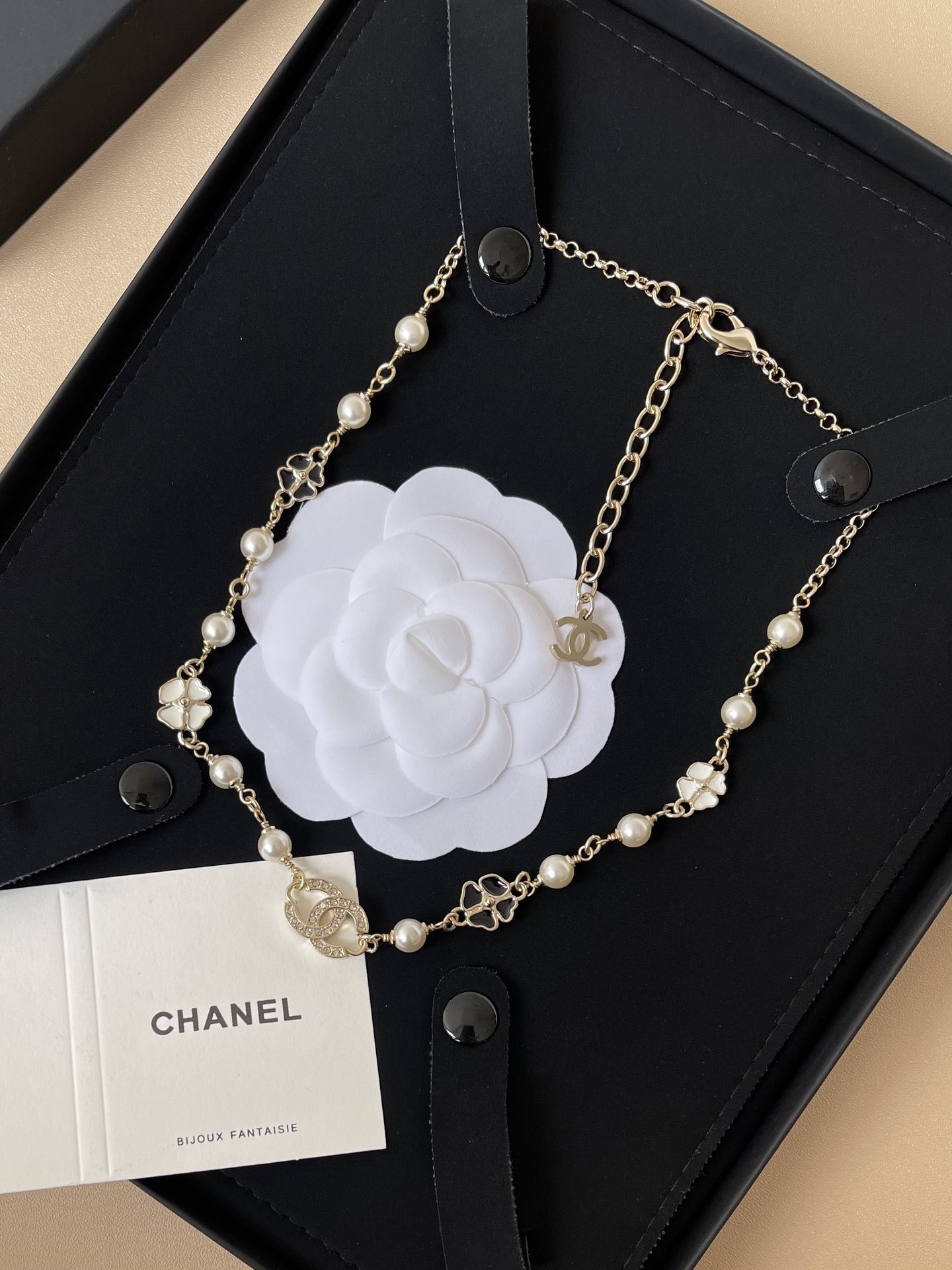 Elegant Pearl Camellia Necklace with Crystal CC Logo & Clover Charms