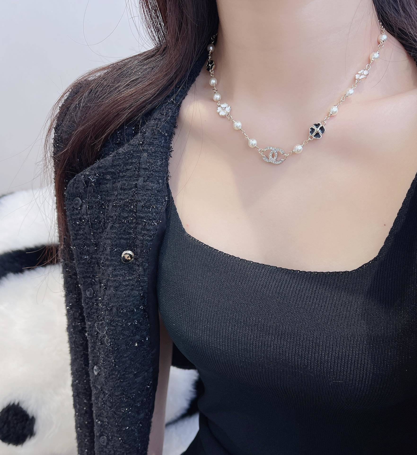 Elegant Pearl Camellia Necklace with Crystal CC Logo & Clover Charms