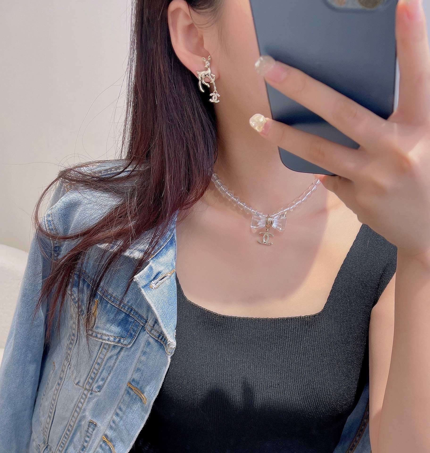 Chanel 2025 SS Pre-Collection Clear Bead Bow Necklace with CC Logo