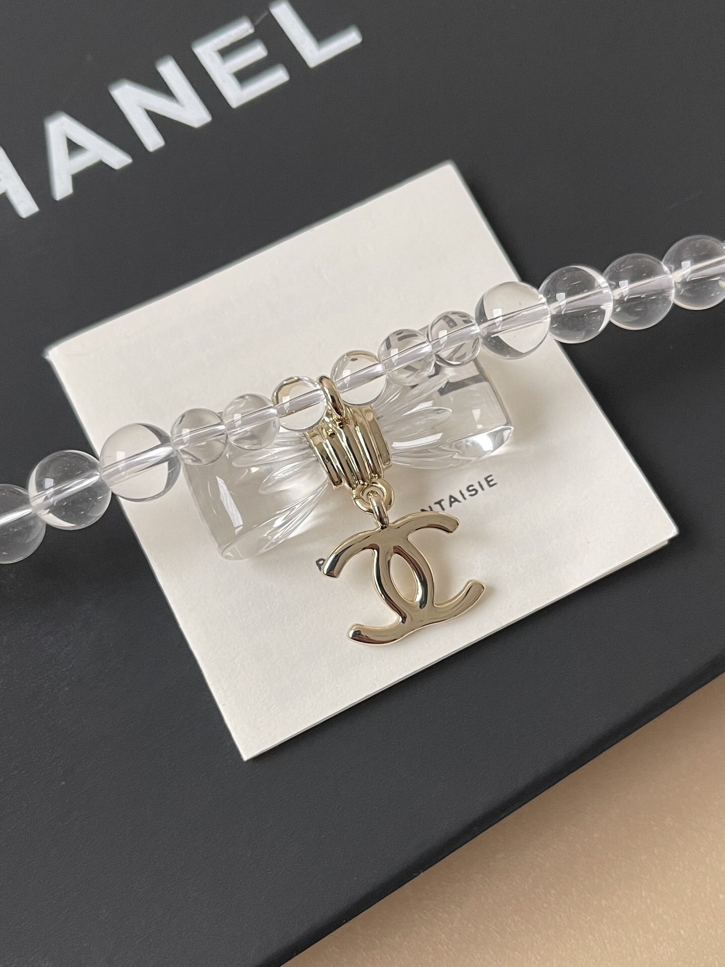 Chanel 2025 SS Pre-Collection Clear Bead Bow Necklace with CC Logo