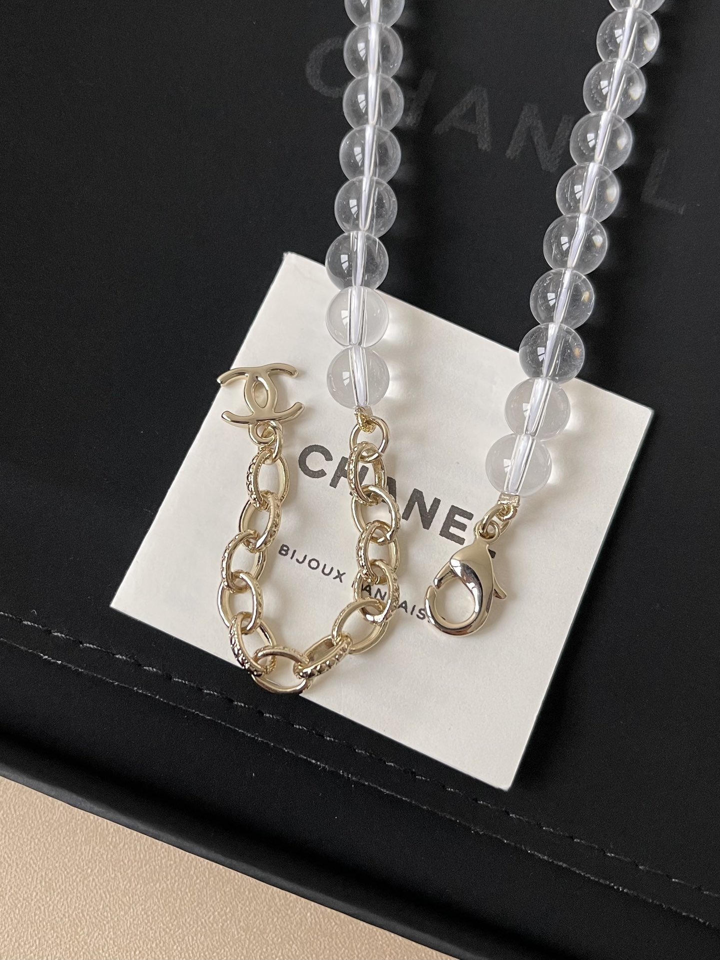 Chanel 2025 SS Pre-Collection Clear Bead Bow Necklace with CC Logo