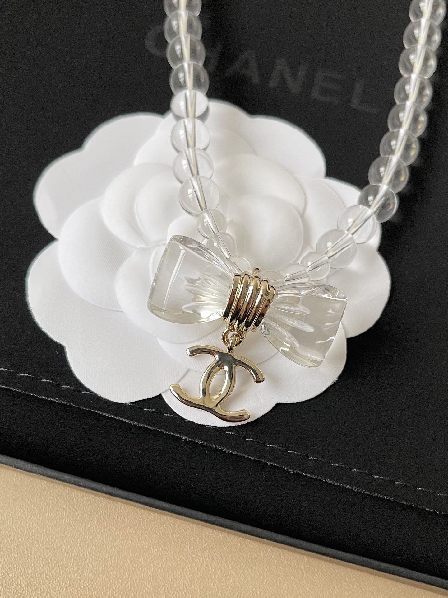 Chanel 2025 SS Pre-Collection Clear Bead Bow Necklace with CC Logo