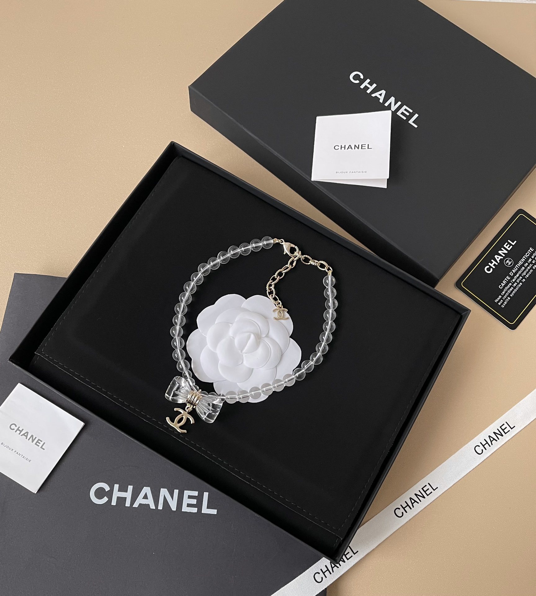 Chanel 2025 SS Pre-Collection Clear Bead Bow Necklace with CC Logo