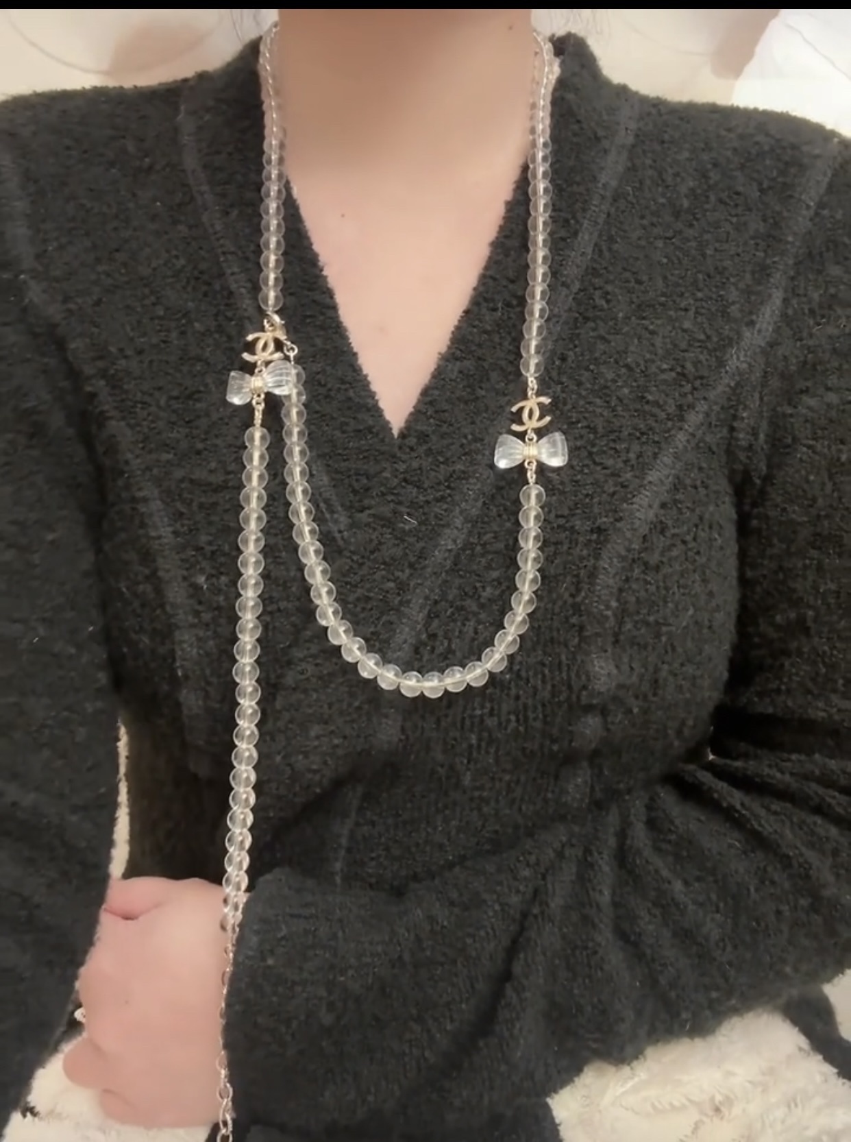 Luxury Chanel Clear Beaded Long Necklace with CC Logo and Bows