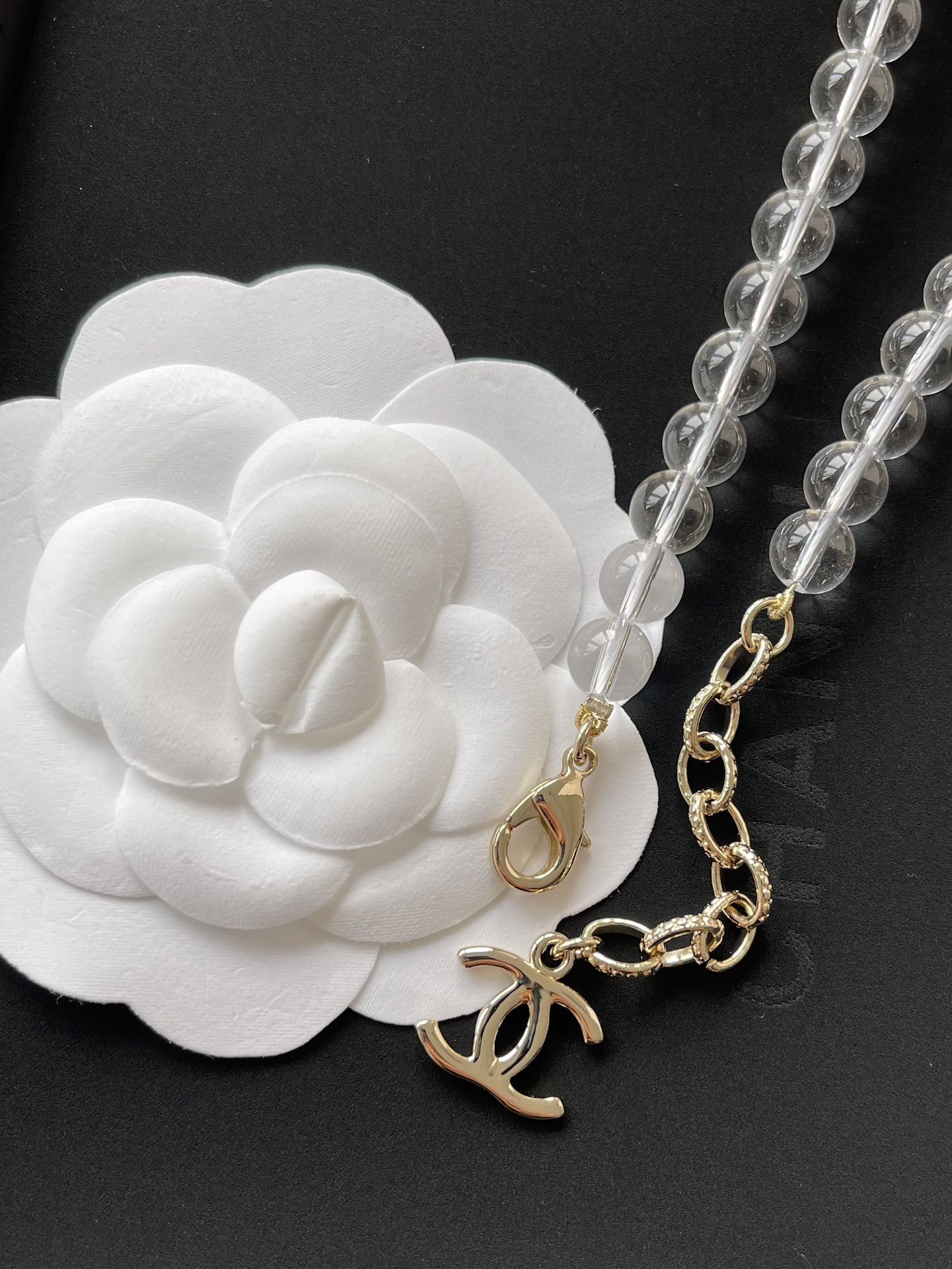 Luxury Chanel Clear Beaded Long Necklace with CC Logo and Bows