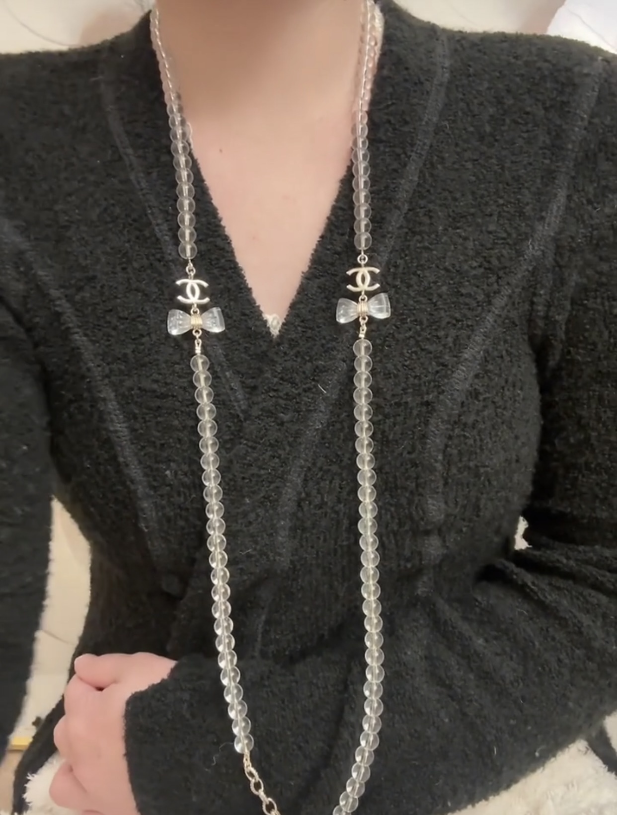 Luxury Chanel Clear Beaded Long Necklace with CC Logo and Bows