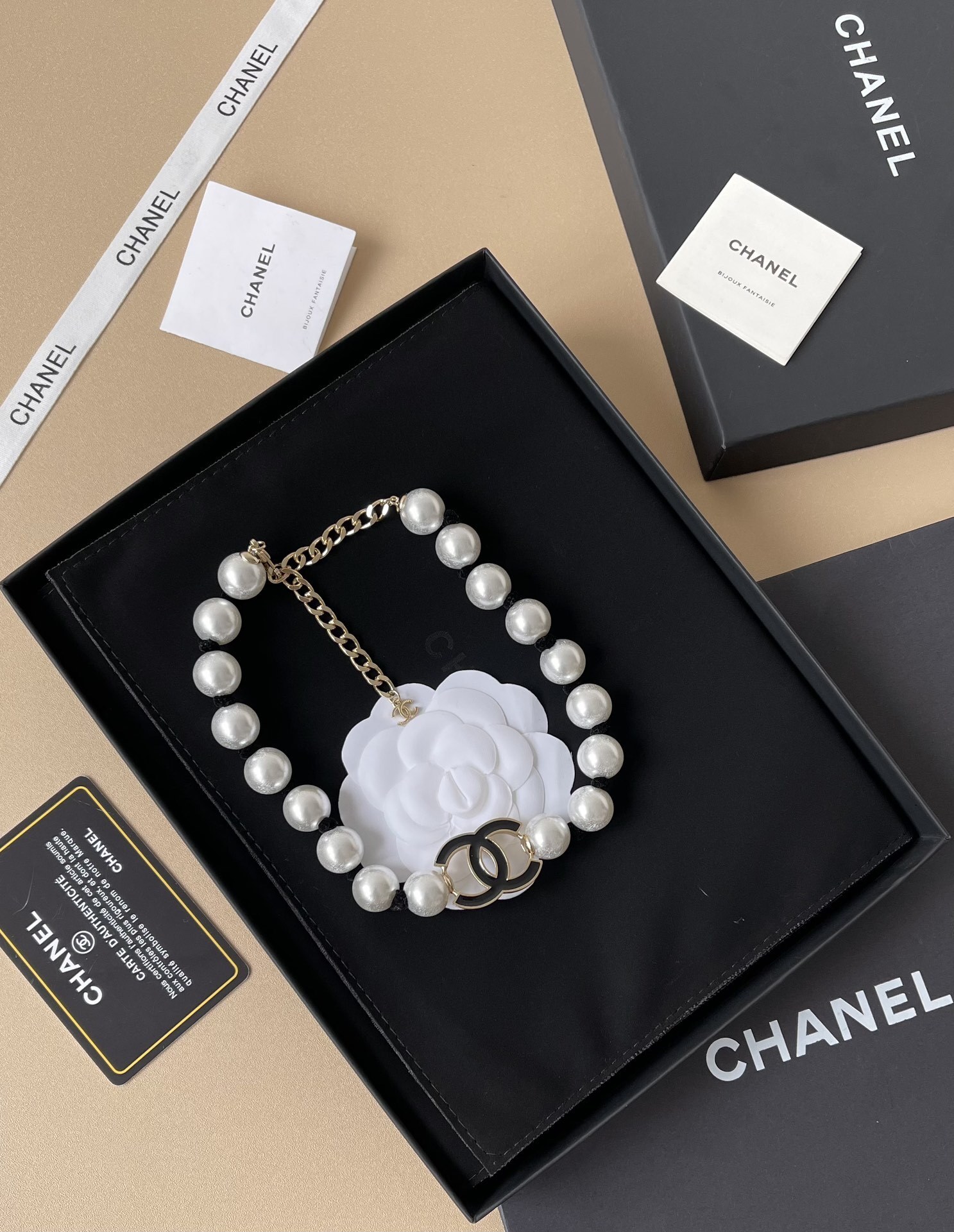 Luxury Pearl Choker Necklace with Gold & Black CC Pendant