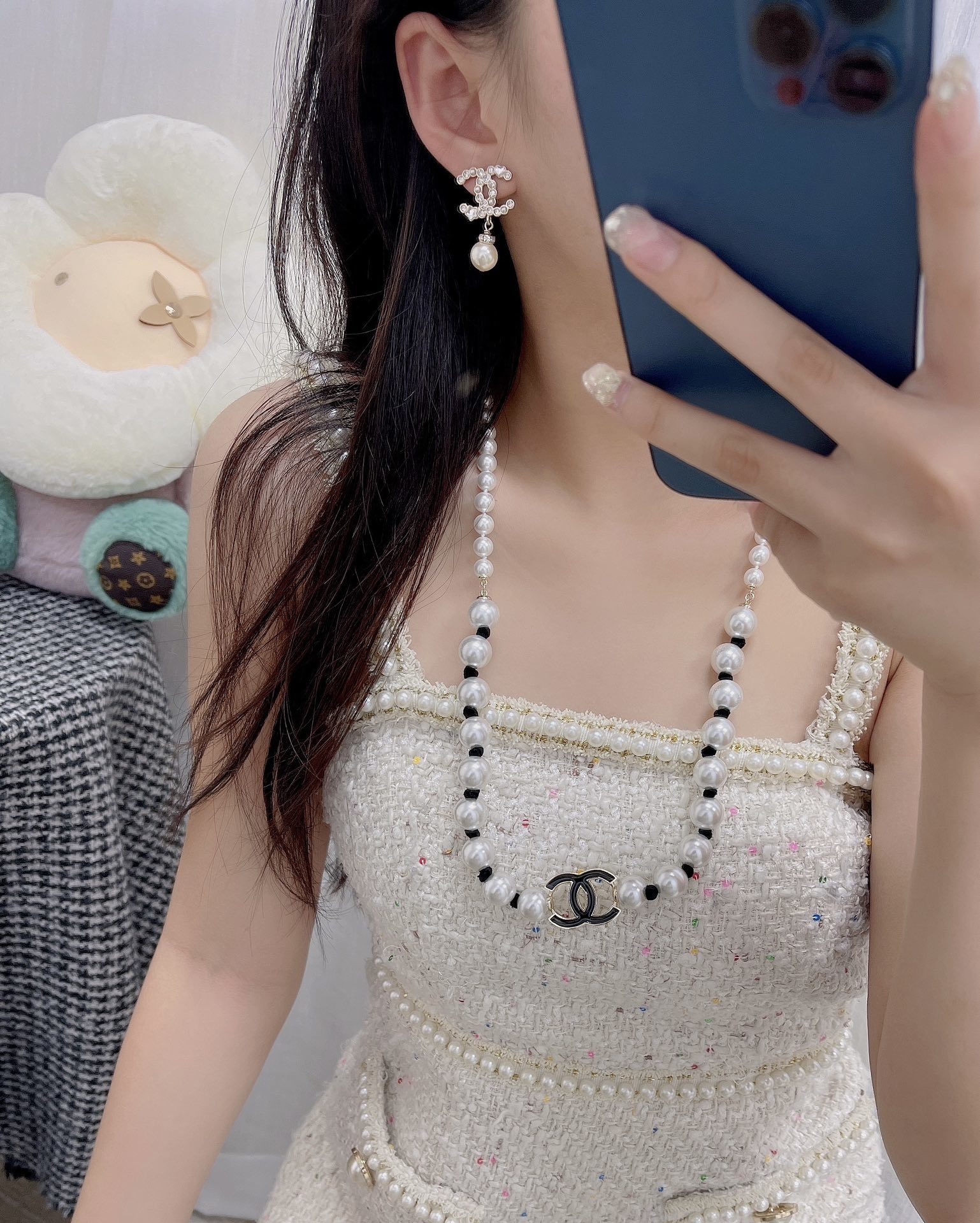 Chanel 2025 Cruise Long Pearl Necklace with Black Silk & CC Logo