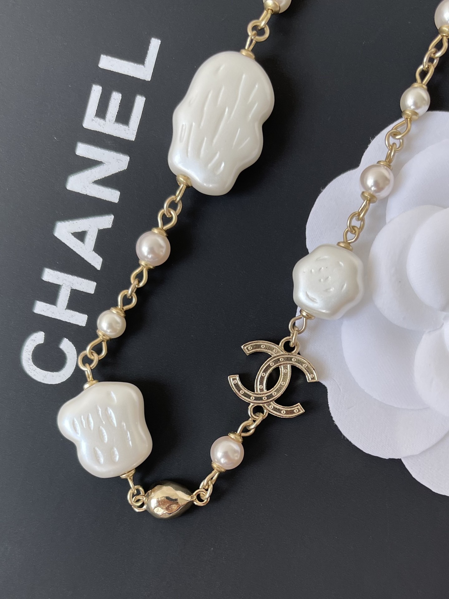Chanel Gold Pearl Necklace with Crystal CC Logo & Cloud Charms