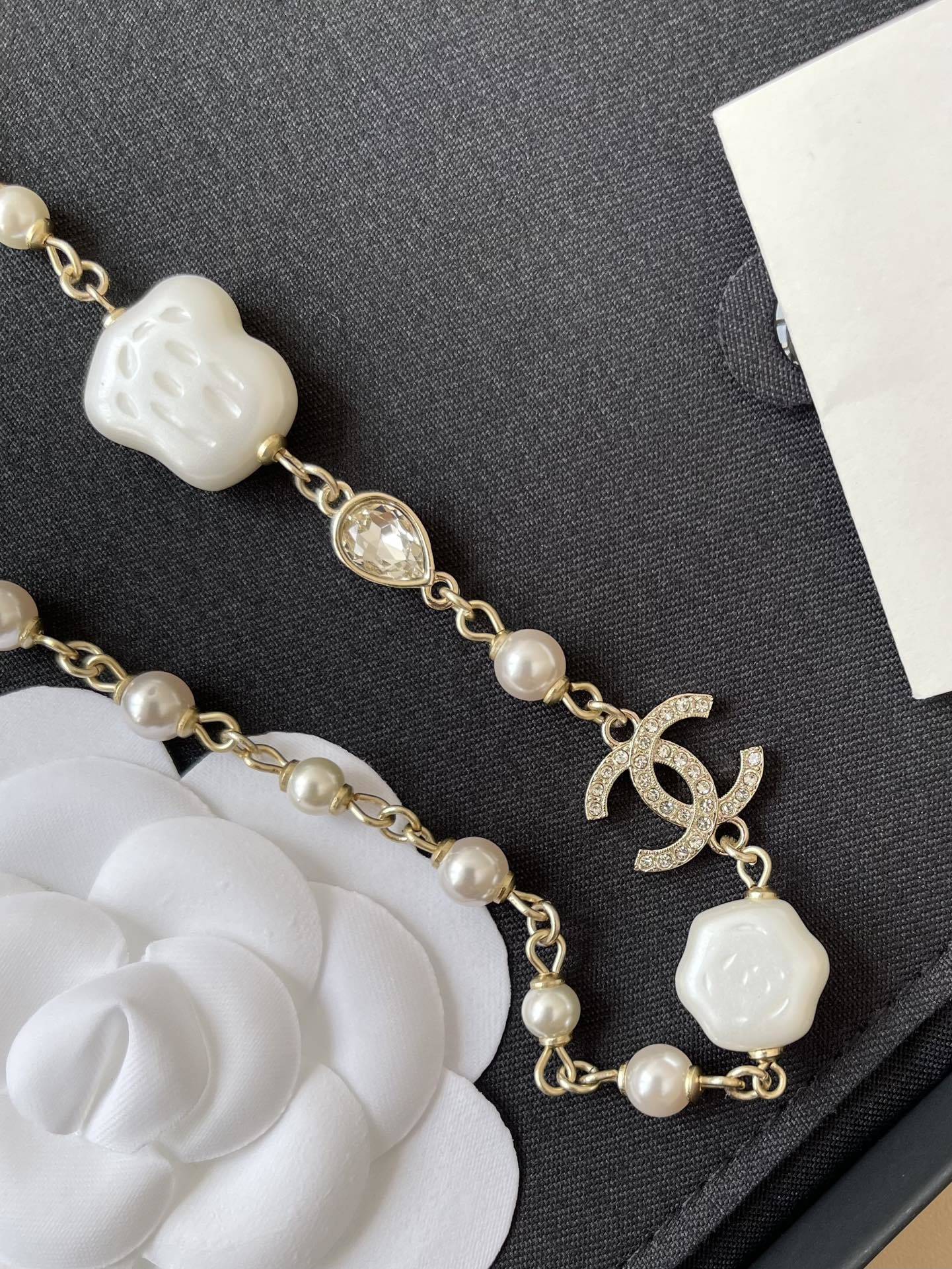 Chanel Gold Pearl Necklace with Crystal CC Logo & Cloud Charms