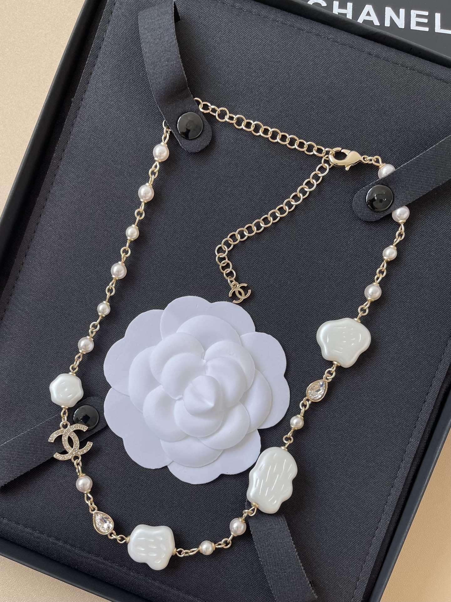 Chanel Gold Pearl Necklace with Crystal CC Logo & Cloud Charms