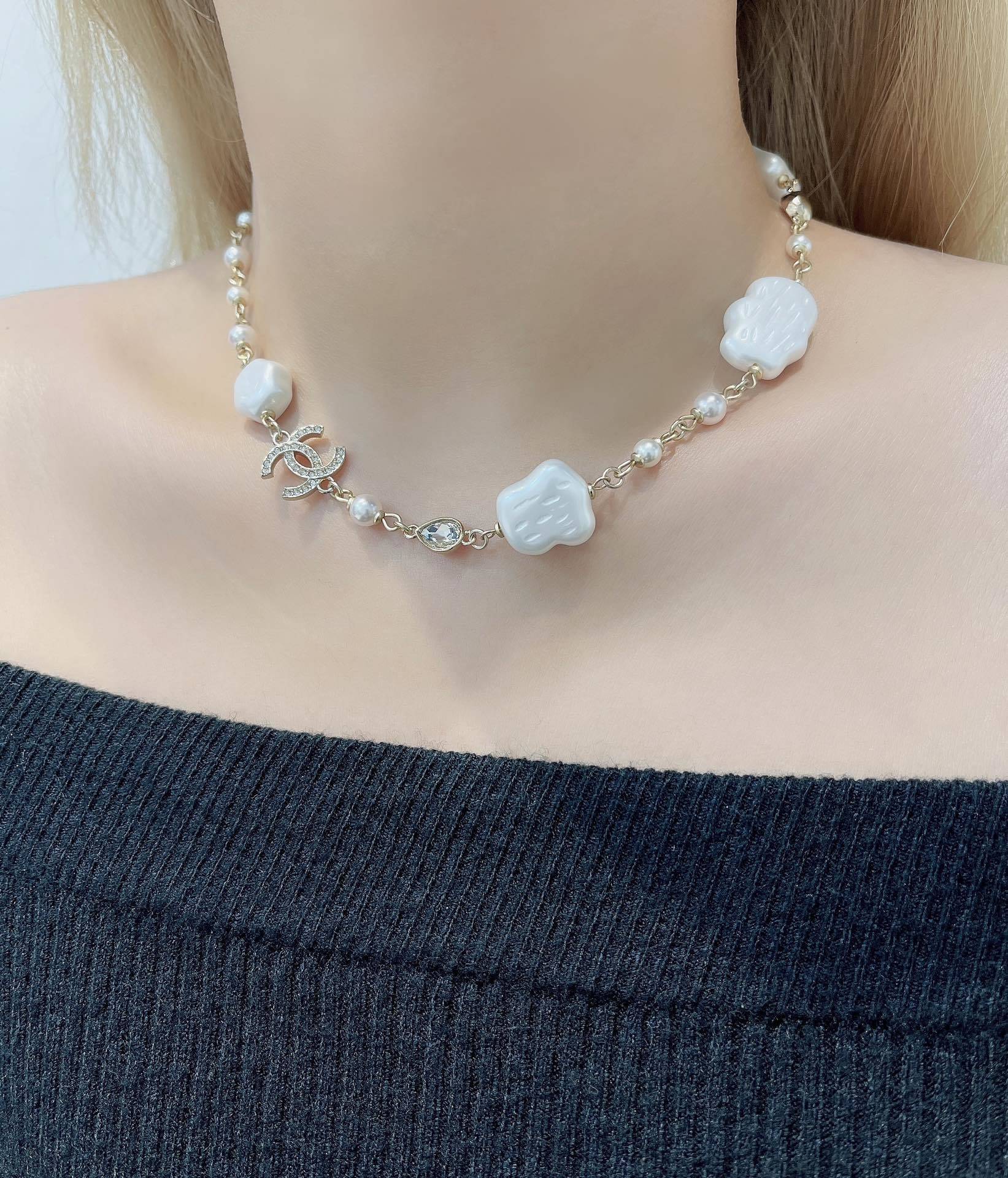 Chanel Gold Pearl Necklace with Crystal CC Logo & Cloud Charms