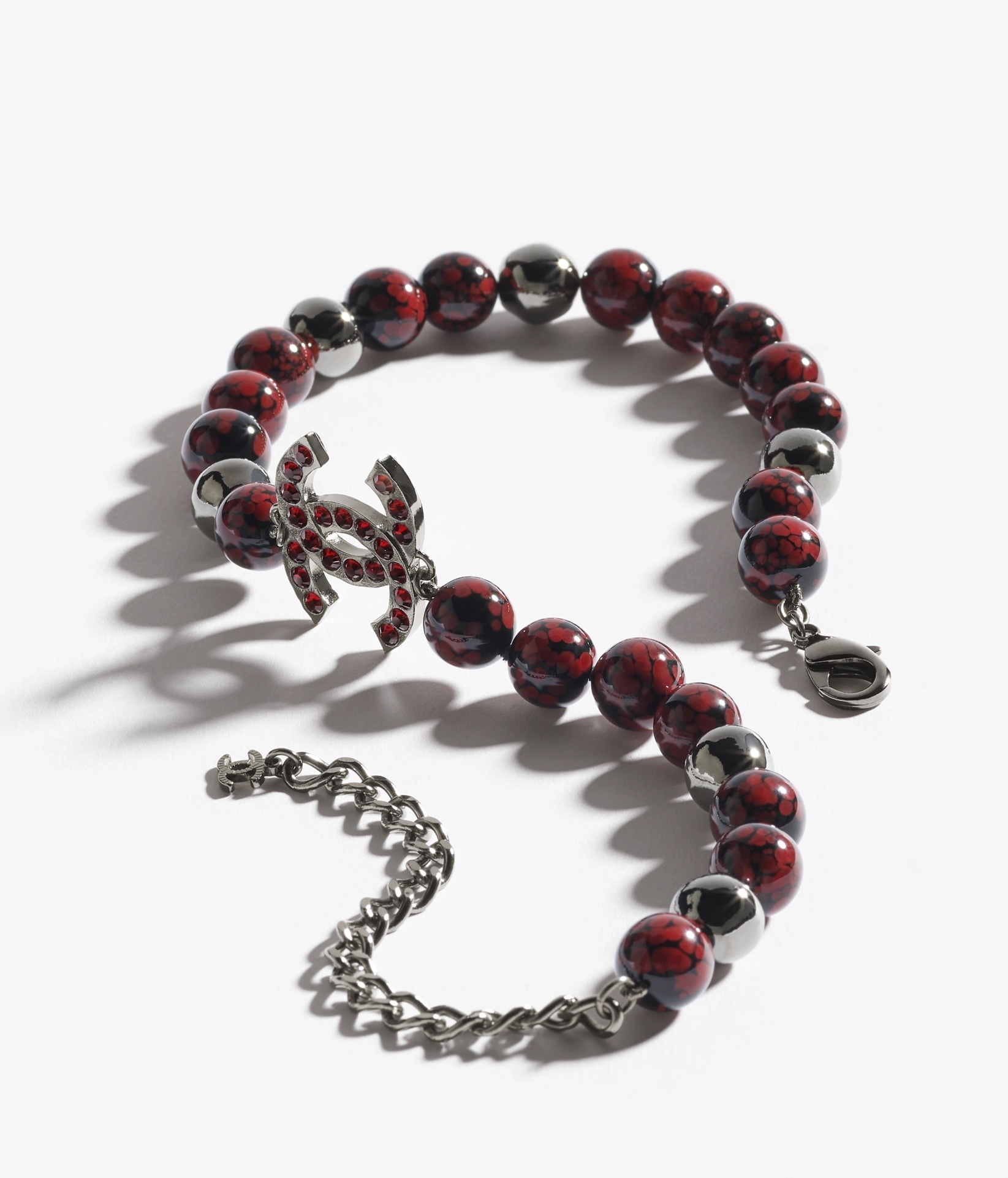 Chanel 2024/25 Métiers d'Art Red Glass Bead & Ruthenium CC Necklace