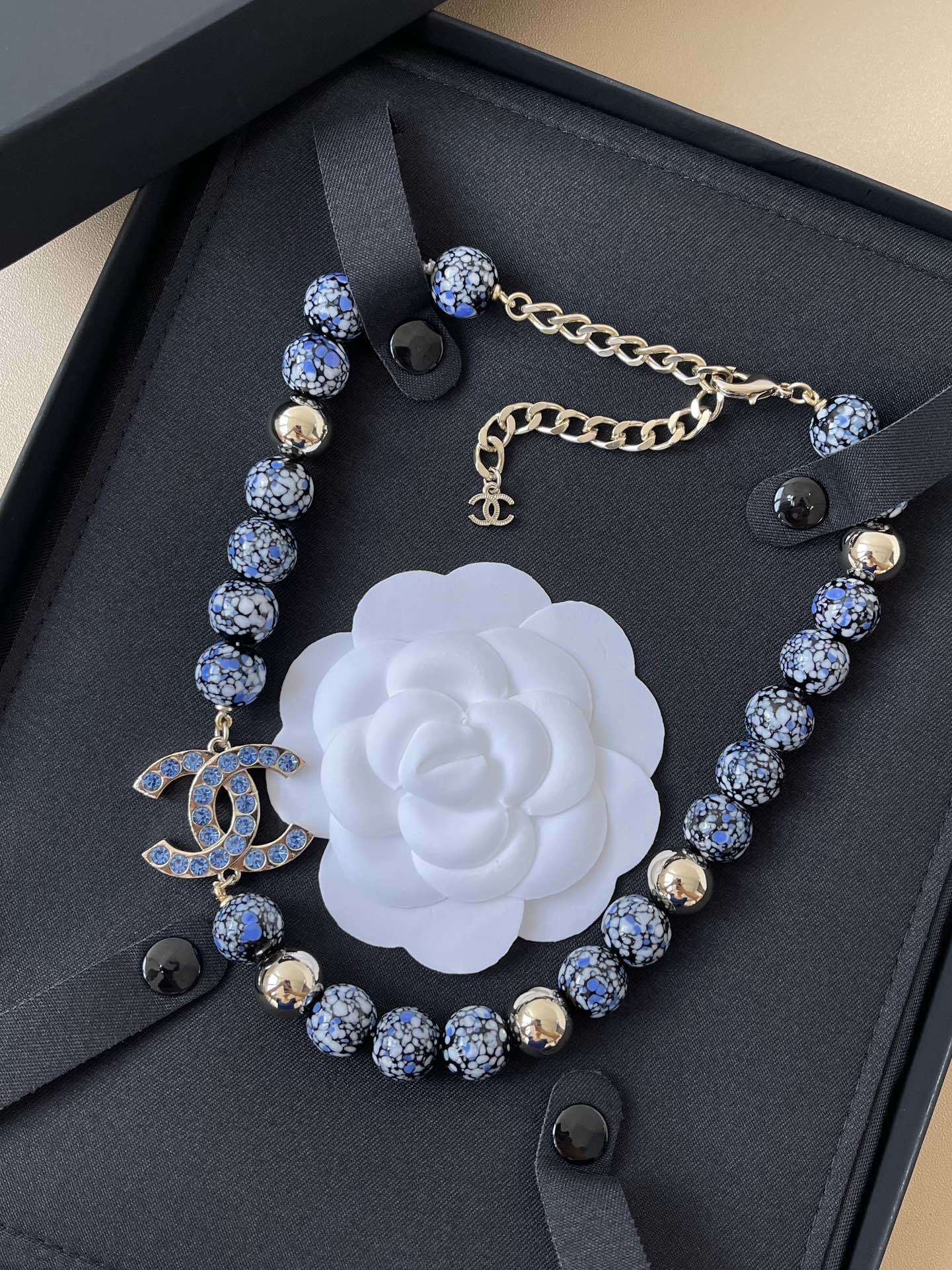 Chanel 2024/25 Métiers d'Art Blue Glass Bead & Rhinestone CC Necklace