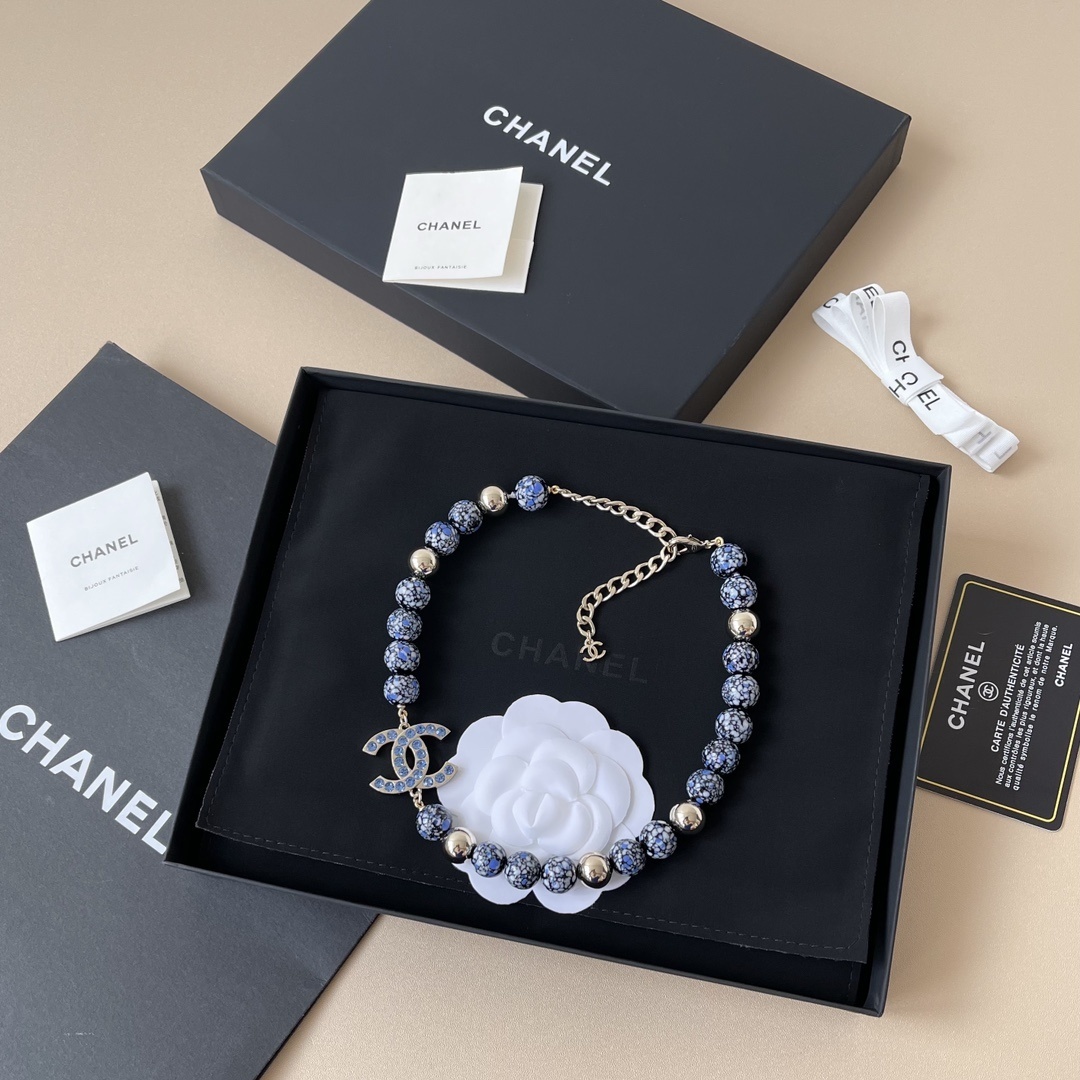 Chanel 2024/25 Métiers d'Art Blue Glass Bead & Rhinestone CC Necklace