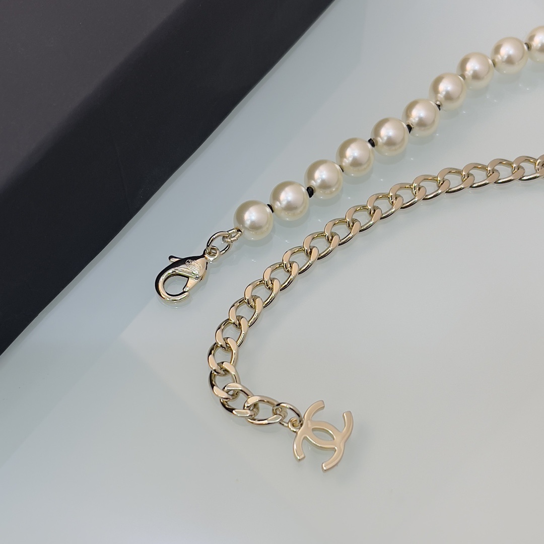 Luxury Long Pearl Necklace with Crystal Double C Logo Pendant