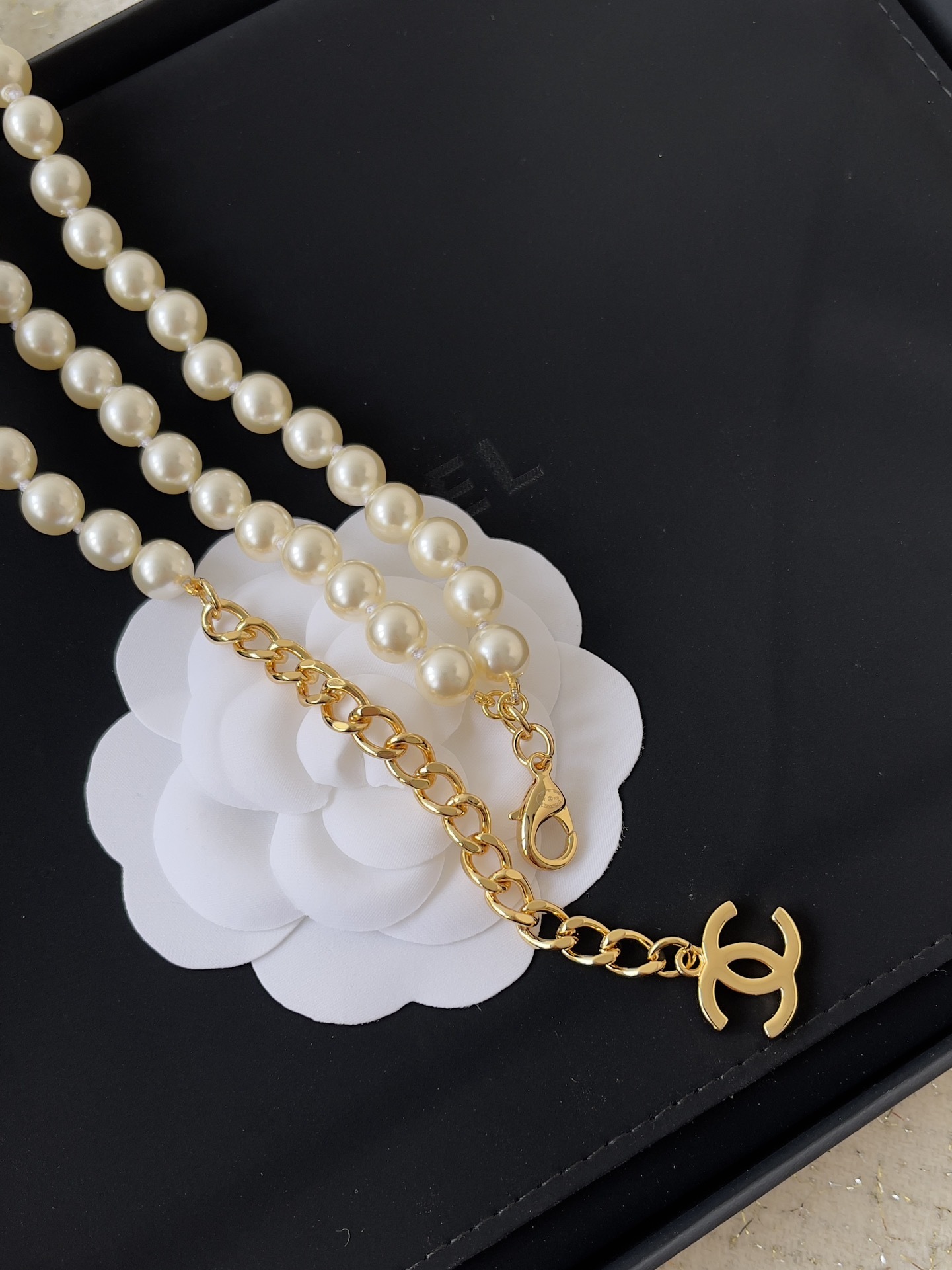 Chanel Double Strand Pearl Necklace with Gold Safety Pin CC Logo