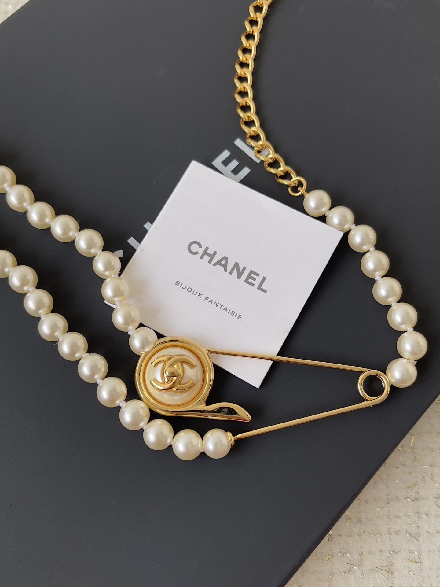 Chanel Double Strand Pearl Necklace with Gold Safety Pin CC Logo