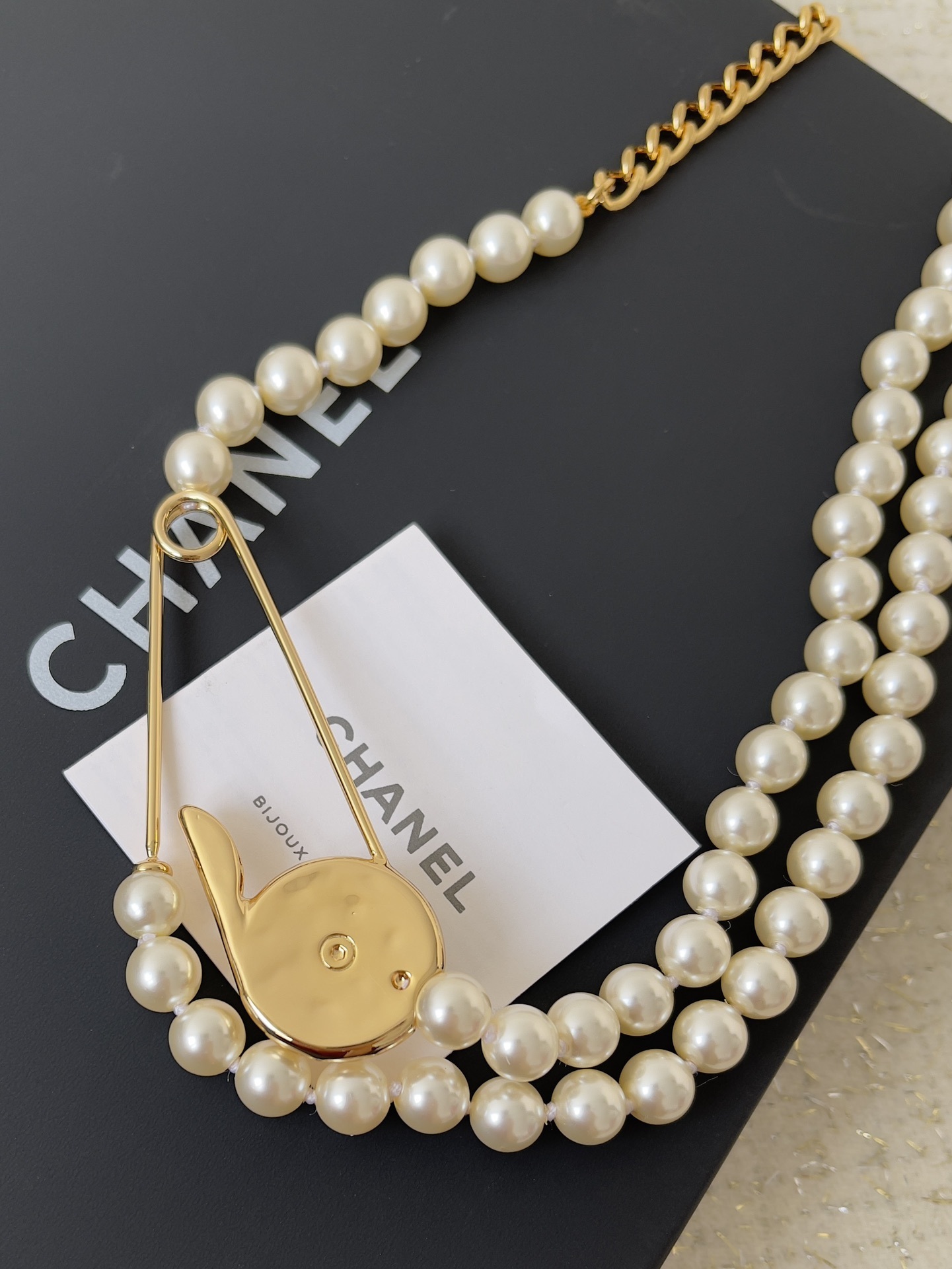 Chanel Double Strand Pearl Necklace with Gold Safety Pin CC Logo