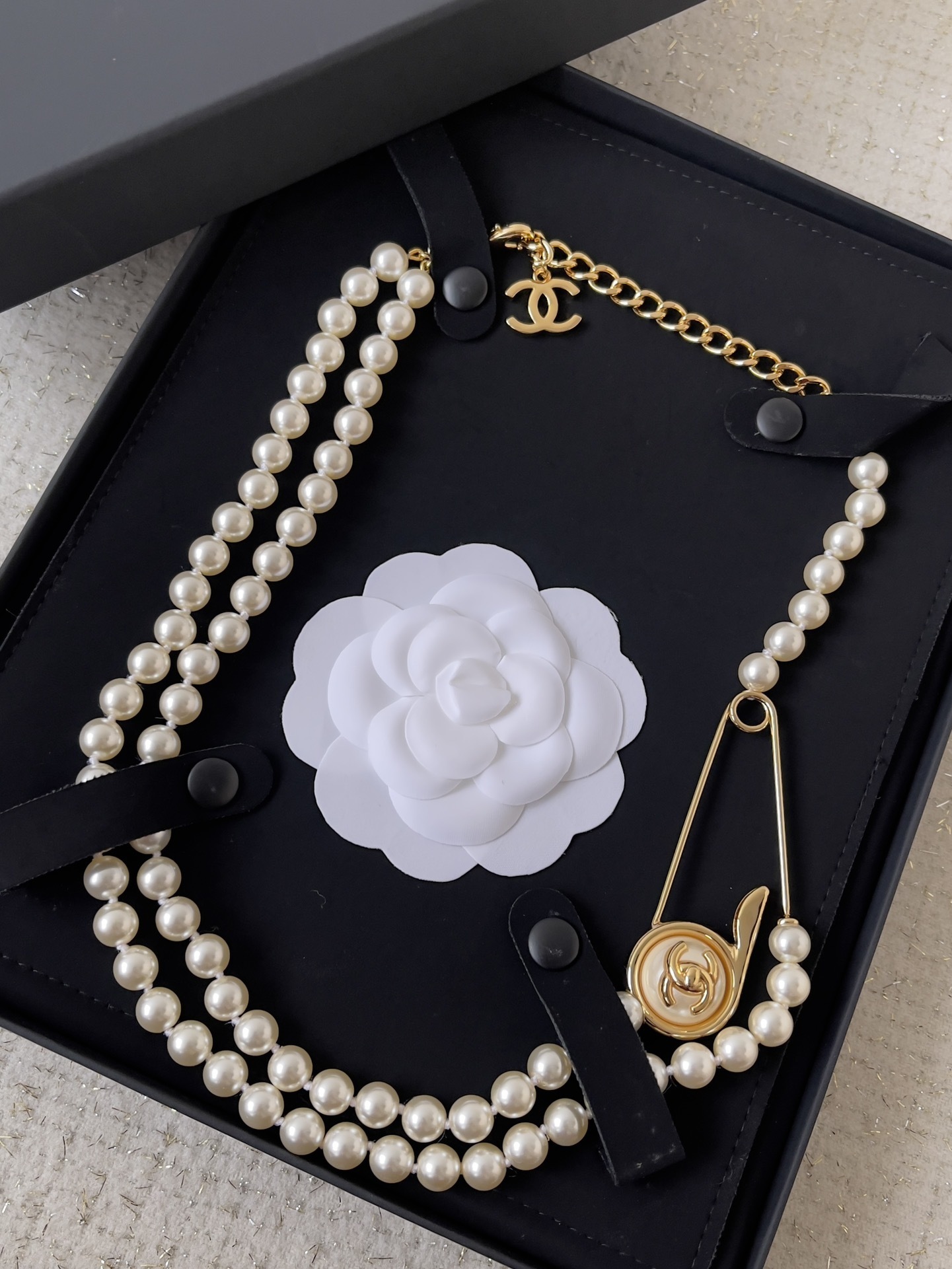 Chanel Double Strand Pearl Necklace with Gold Safety Pin CC Logo